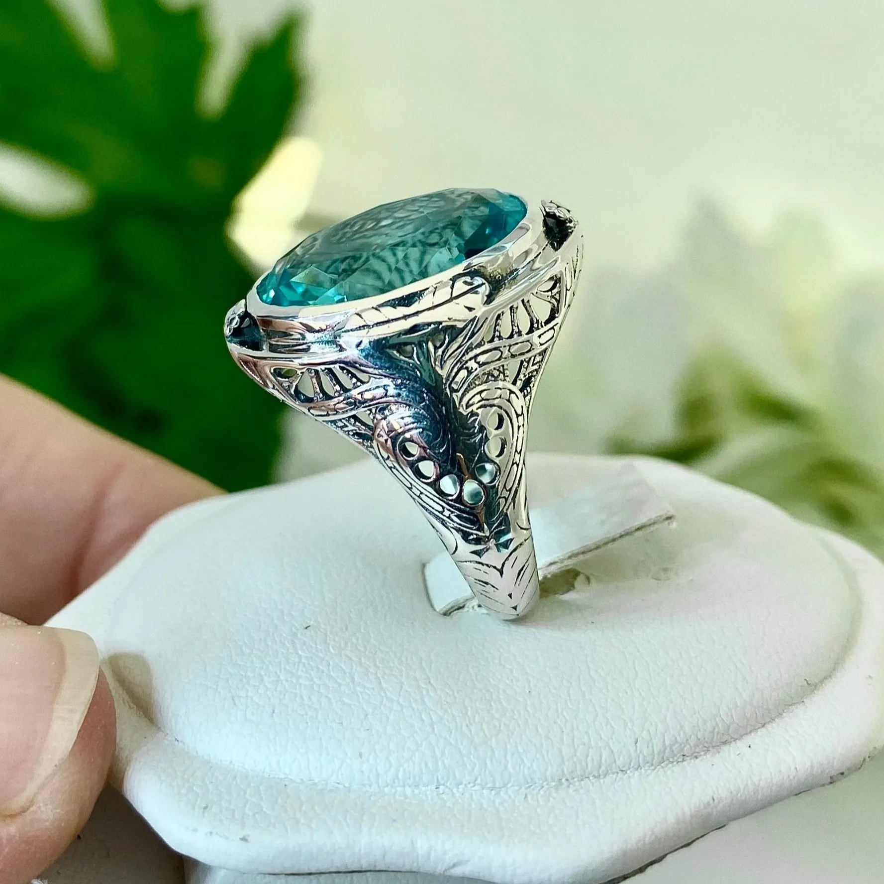 Sky Blue Large Oval Ring, Simulated or Natural Gemstone, Victorian Jewelry Design#D2