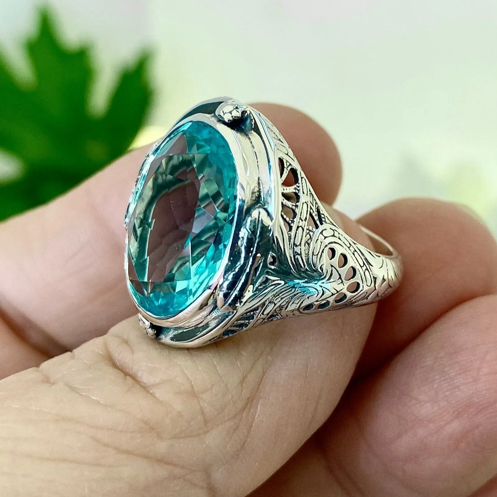Sky Blue Large Oval Ring, Simulated or Natural Gemstone, Victorian Jewelry Design#D2