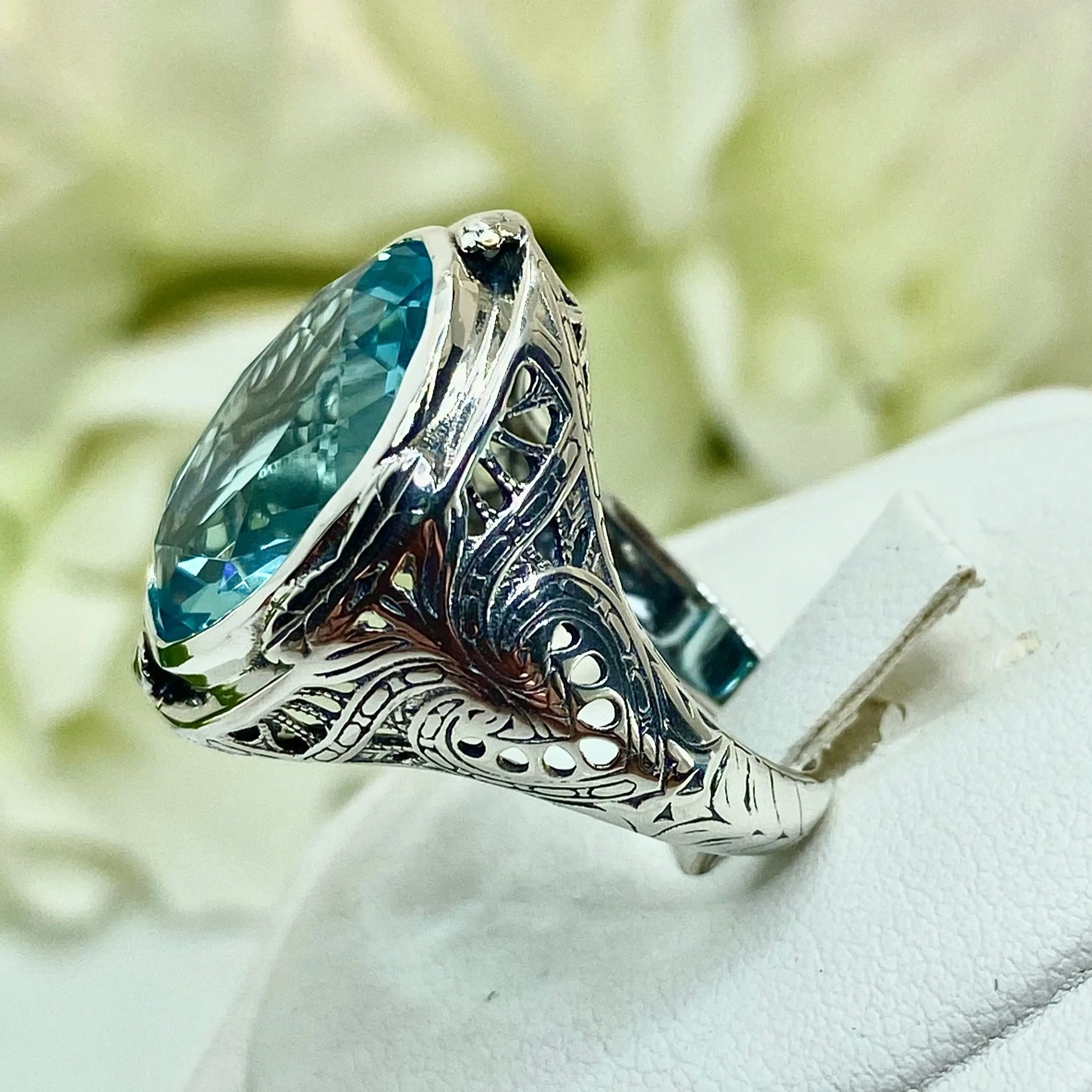 Sky Blue Large Oval Ring, Simulated or Natural Gemstone, Victorian Jewelry Design#D2