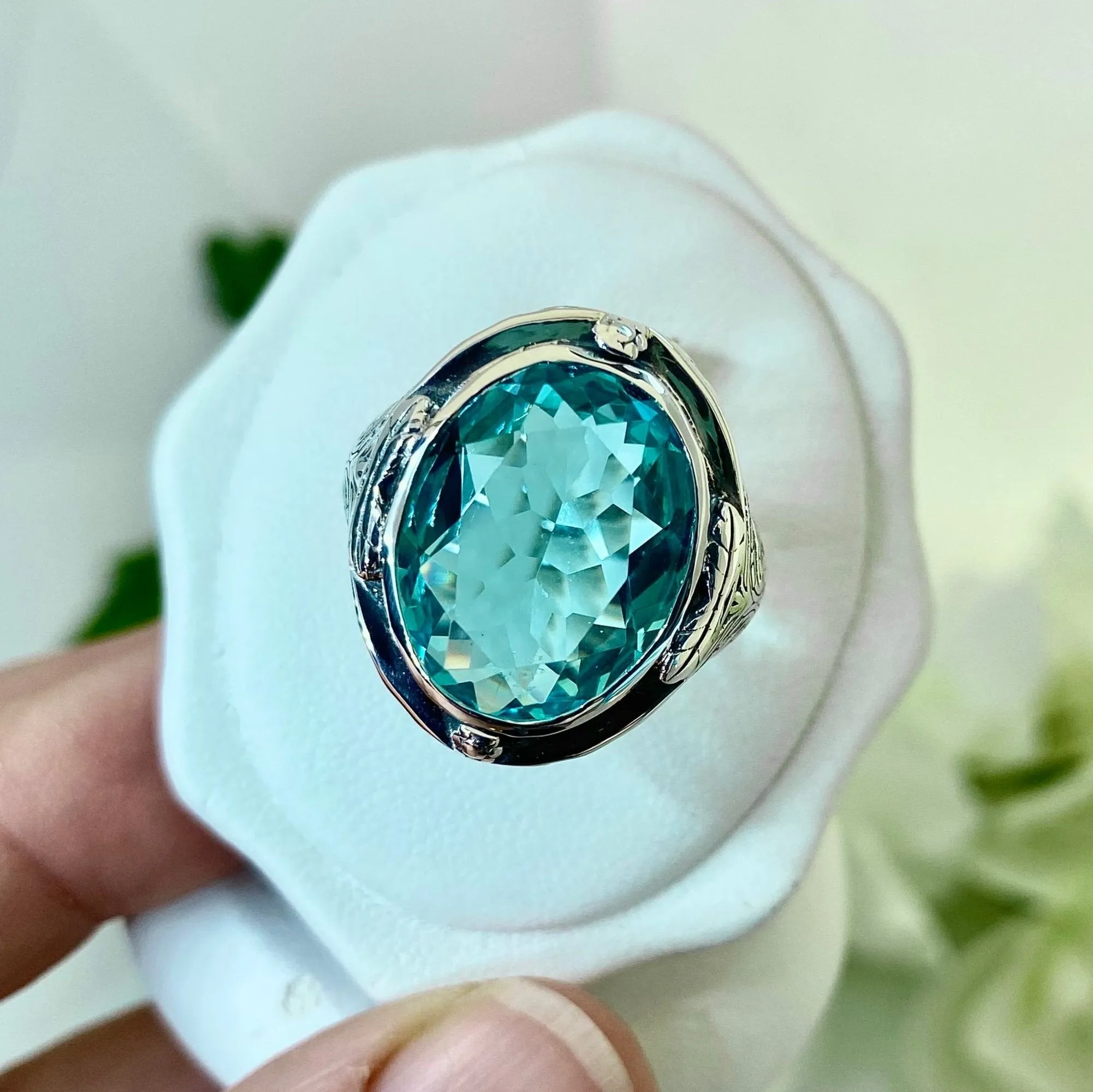 Sky Blue Large Oval Ring, Simulated or Natural Gemstone, Victorian Jewelry Design#D2