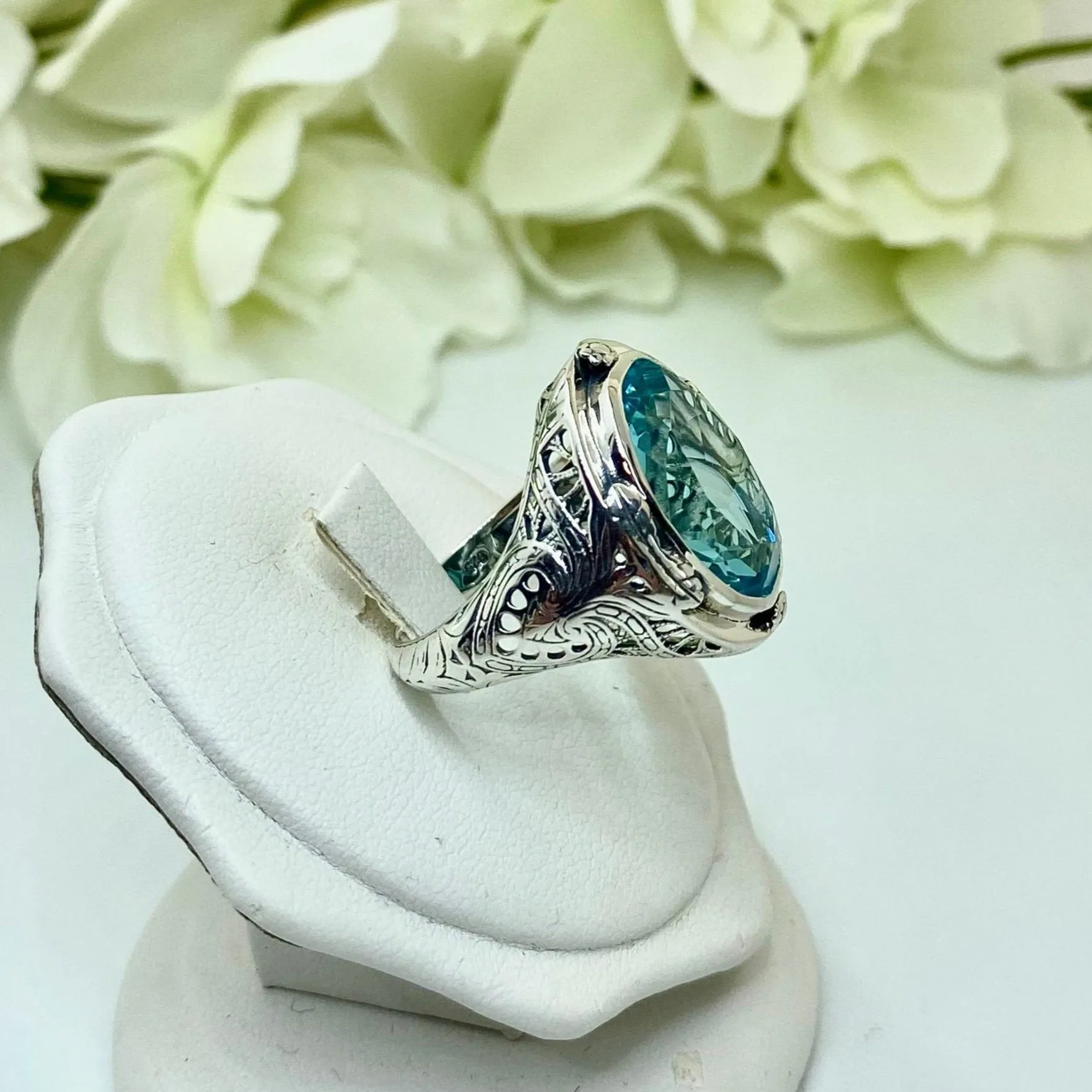 Sky Blue Large Oval Ring, Simulated or Natural Gemstone, Victorian Jewelry Design#D2