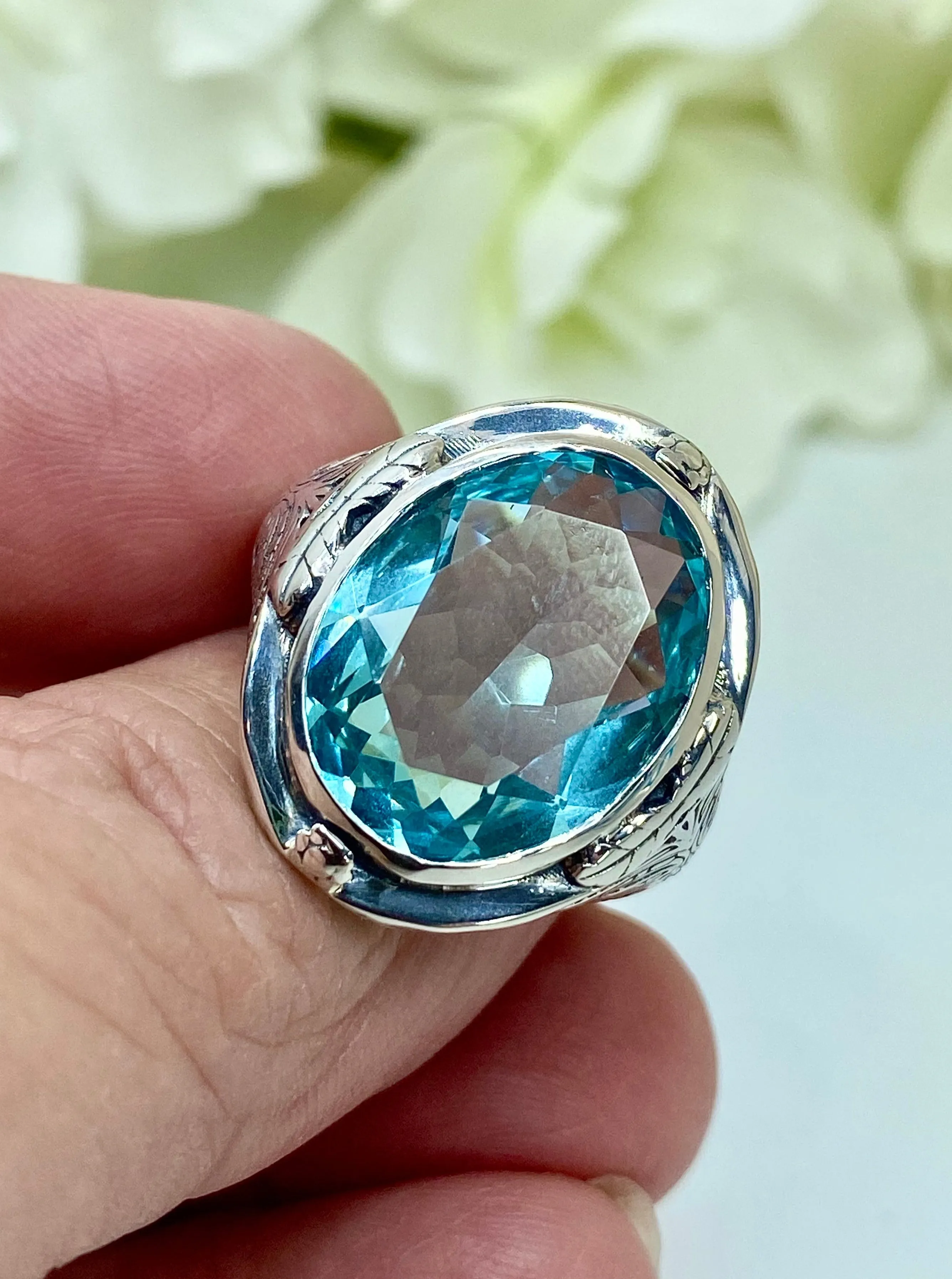 Sky Blue Large Oval Ring, Size 7, Victorian Jewelry Design#D2 - Ready to Ship
