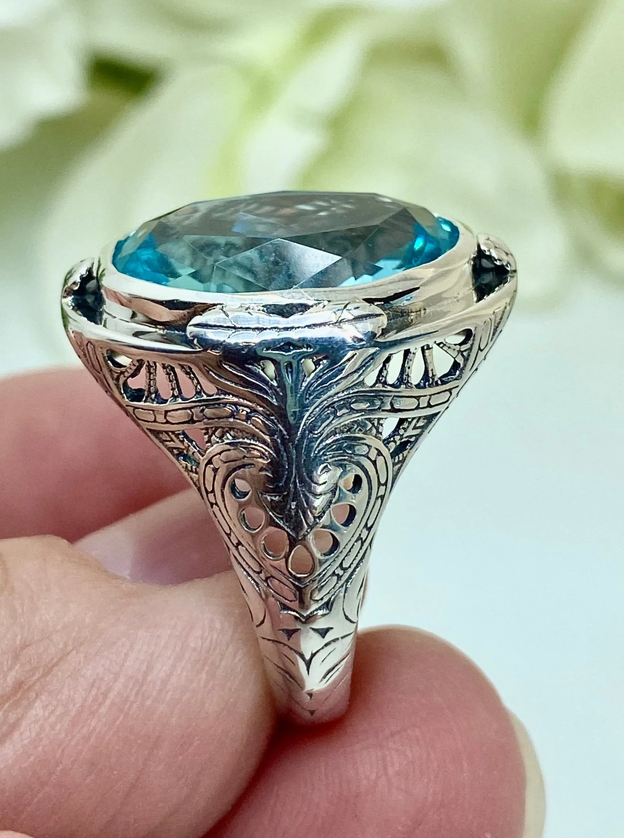 Sky Blue Large Oval Ring, Size 7, Victorian Jewelry Design#D2 - Ready to Ship