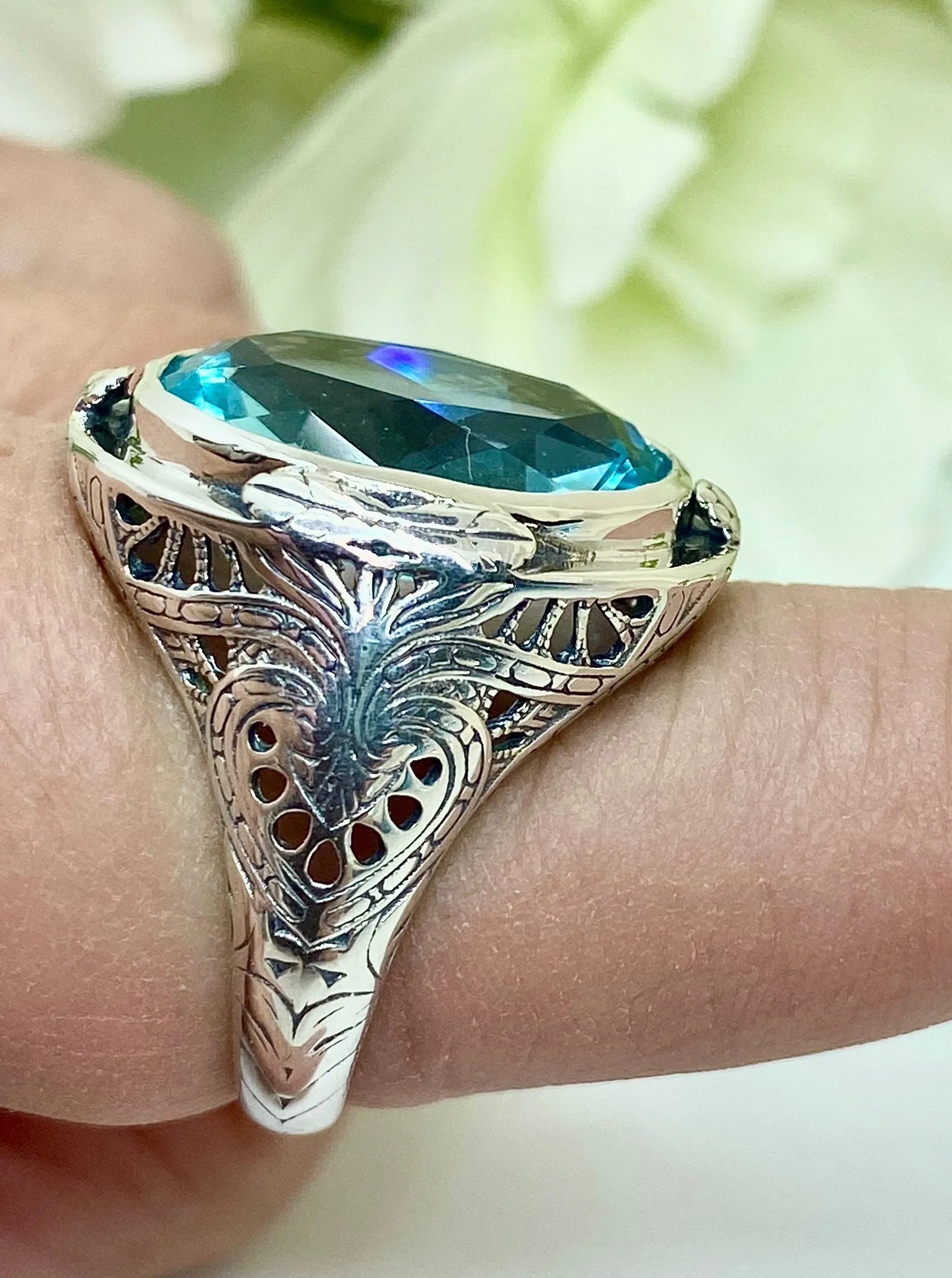 Sky Blue Large Oval Ring, Size 7, Victorian Jewelry Design#D2 - Ready to Ship