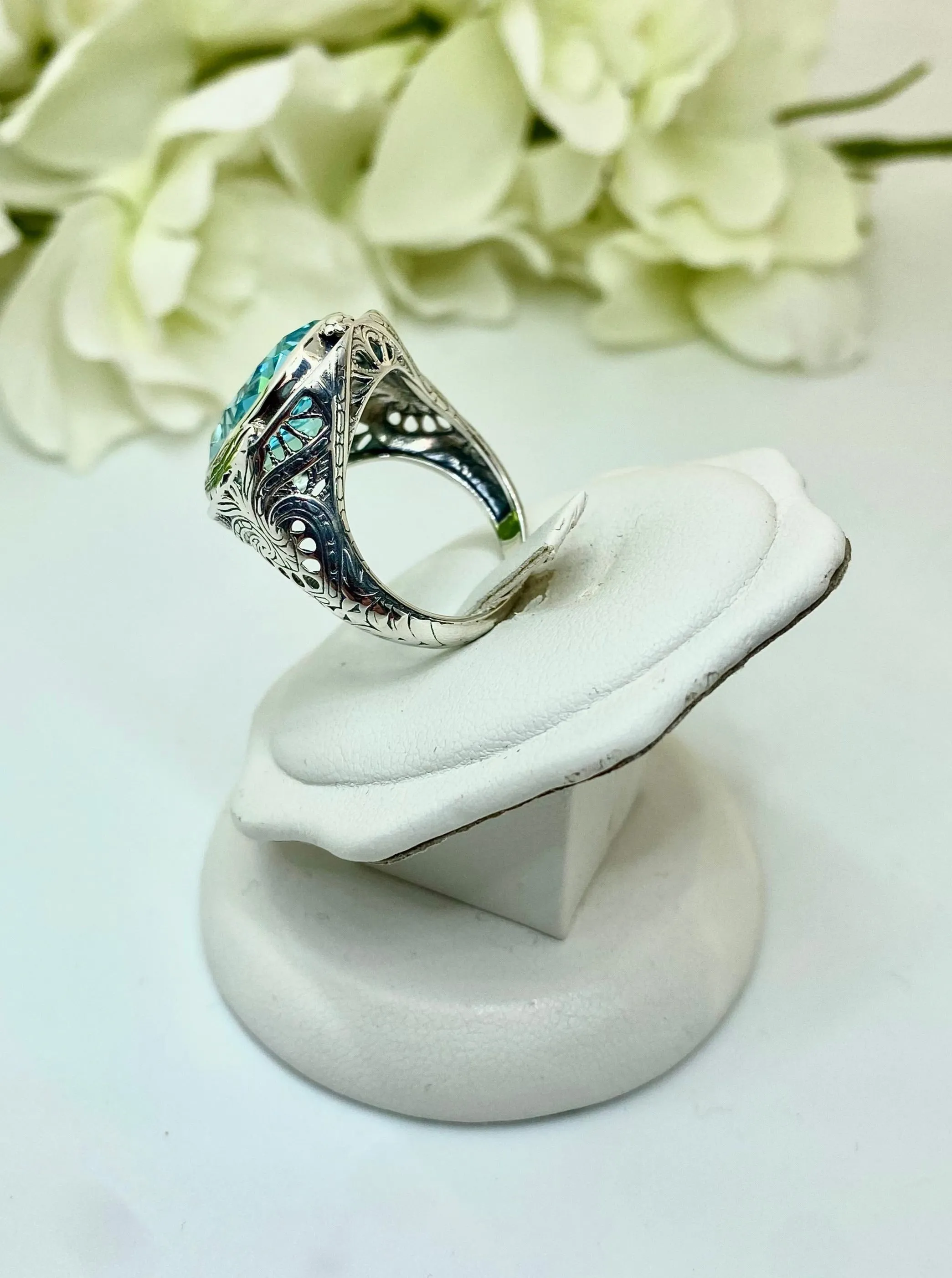 Sky Blue Large Oval Ring, Size 7, Victorian Jewelry Design#D2 - Ready to Ship
