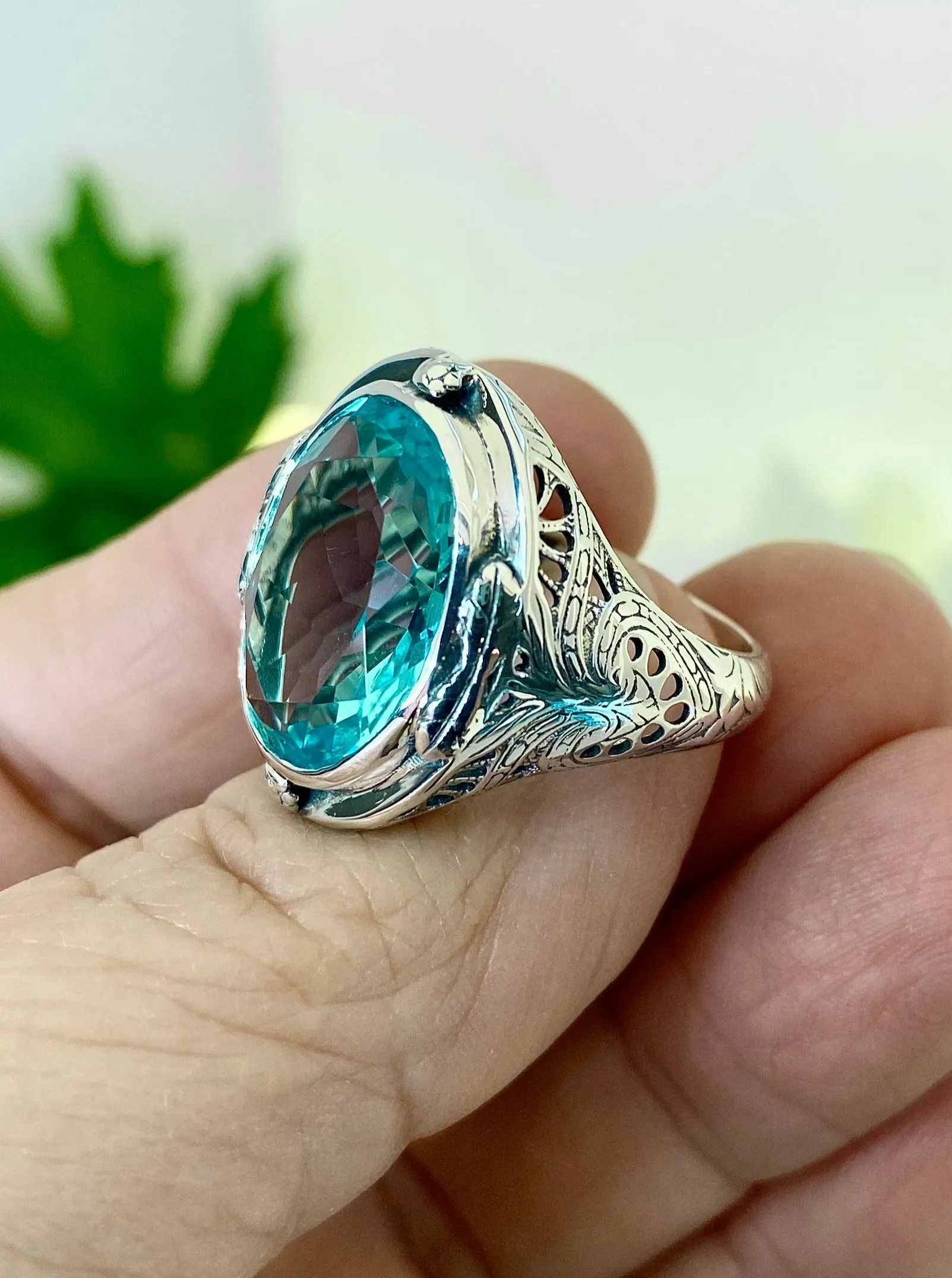Sky Blue Large Oval Ring, Size 7, Victorian Jewelry Design#D2 - Ready to Ship