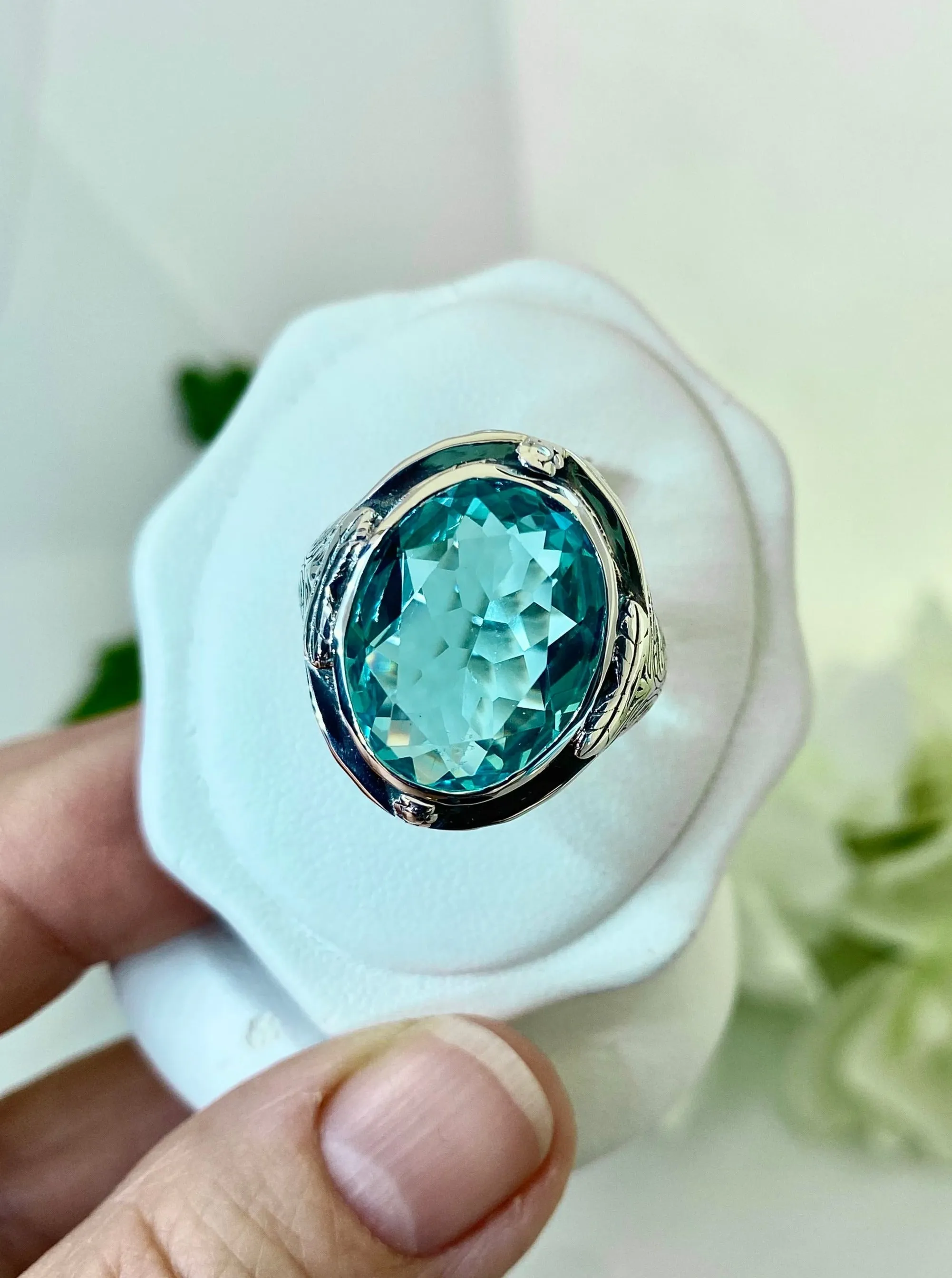Sky Blue Large Oval Ring, Size 7, Victorian Jewelry Design#D2 - Ready to Ship