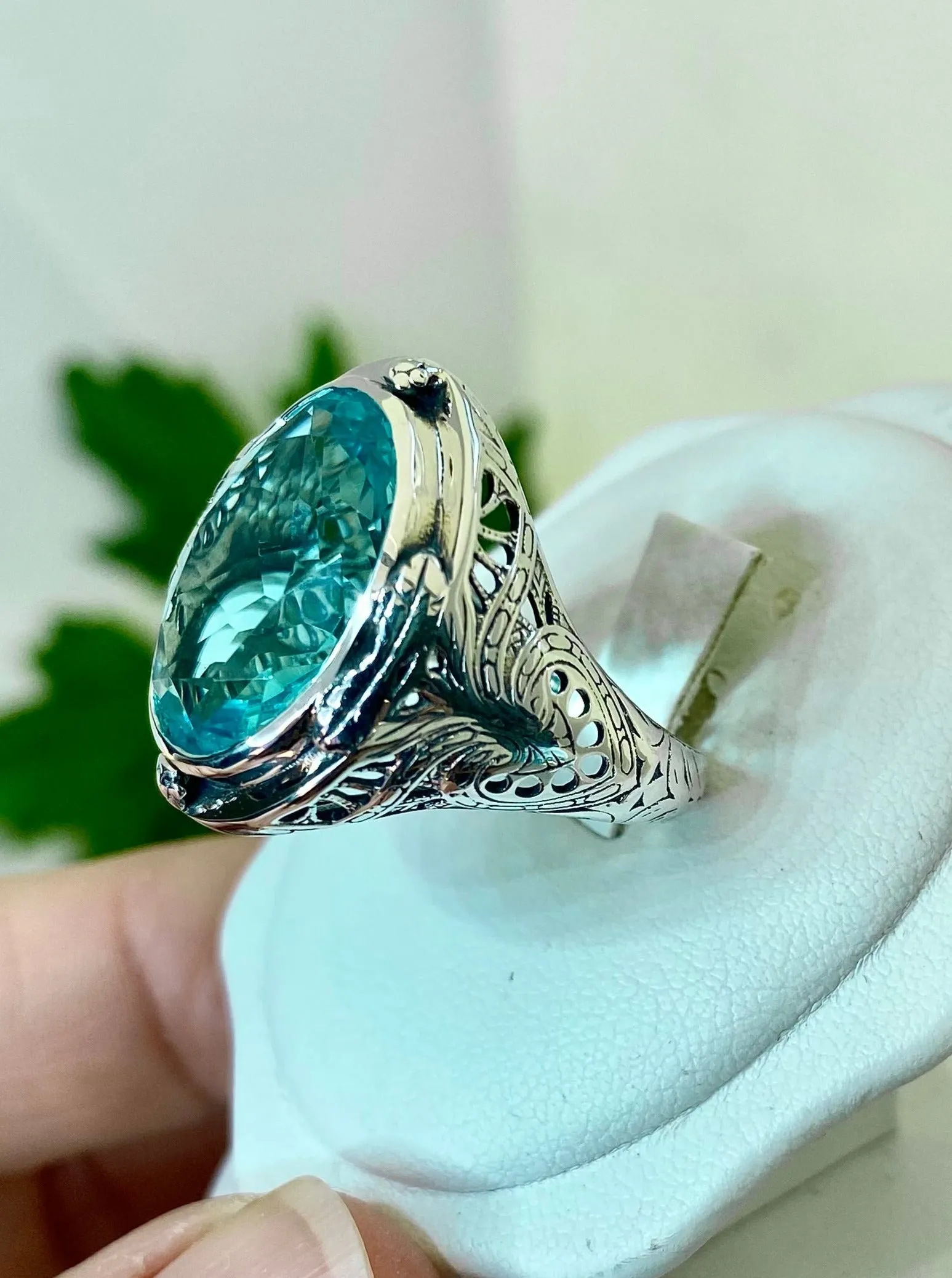Sky Blue Large Oval Ring, Size 7, Victorian Jewelry Design#D2 - Ready to Ship