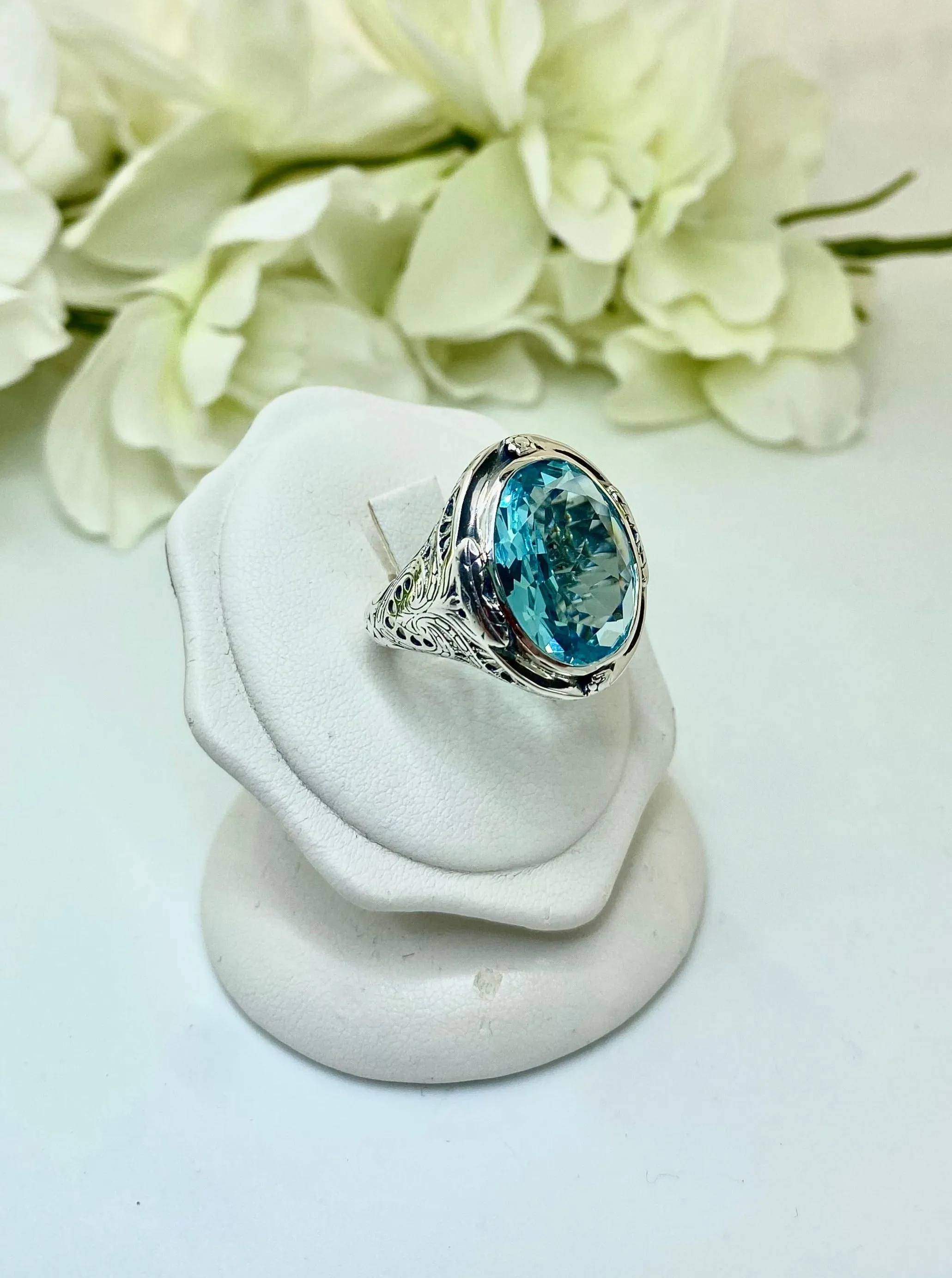 Sky Blue Large Oval Ring, Size 7, Victorian Jewelry Design#D2 - Ready to Ship