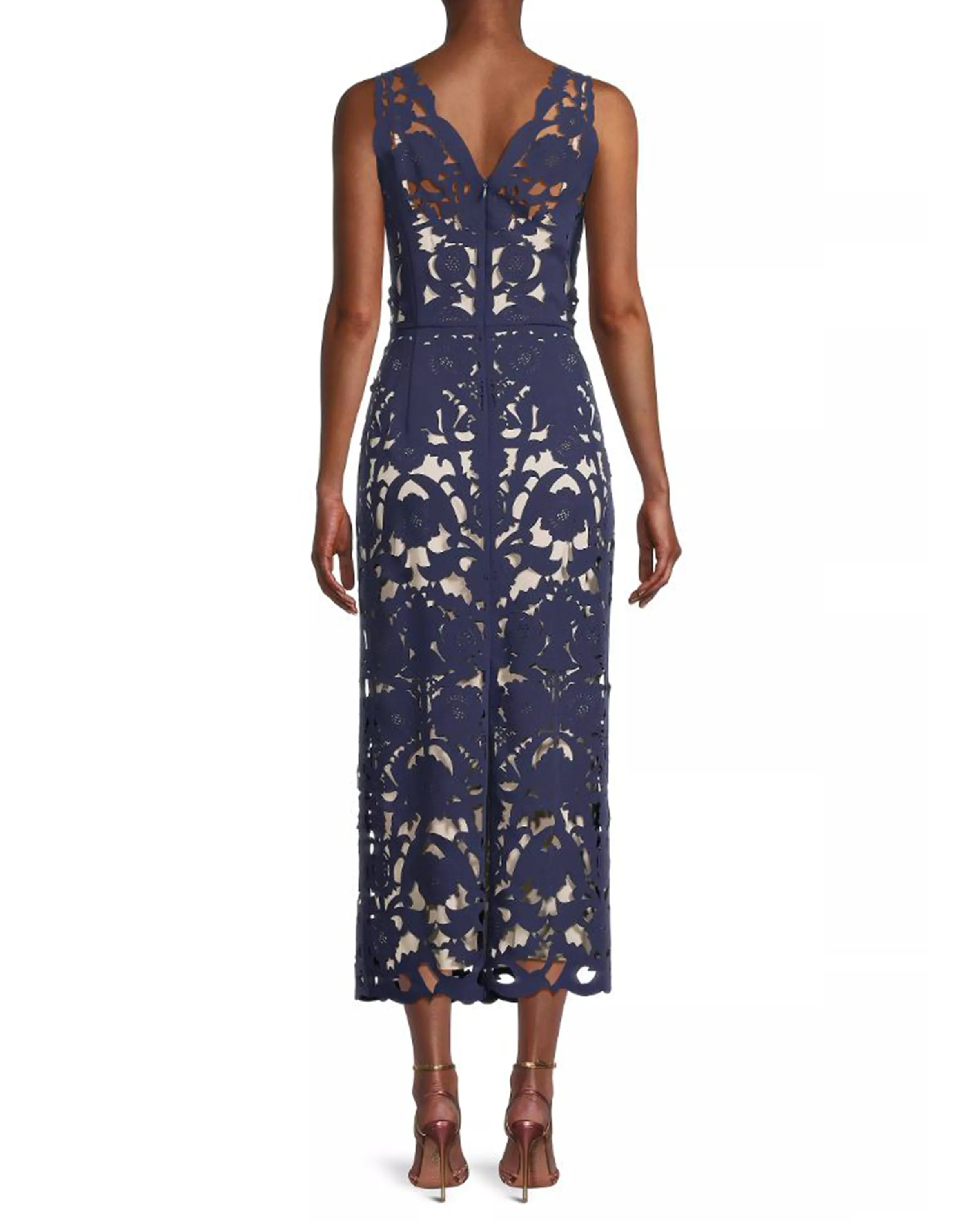 Sleeveless Floral Crepe Laser-Cut Midi Dress