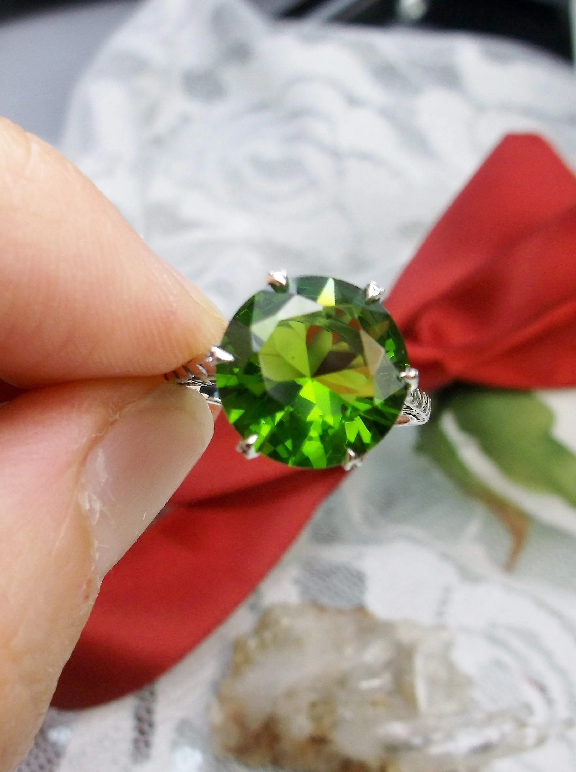 Solitaire Ring, Peridot Green Classic Victorian Jewelry #D37