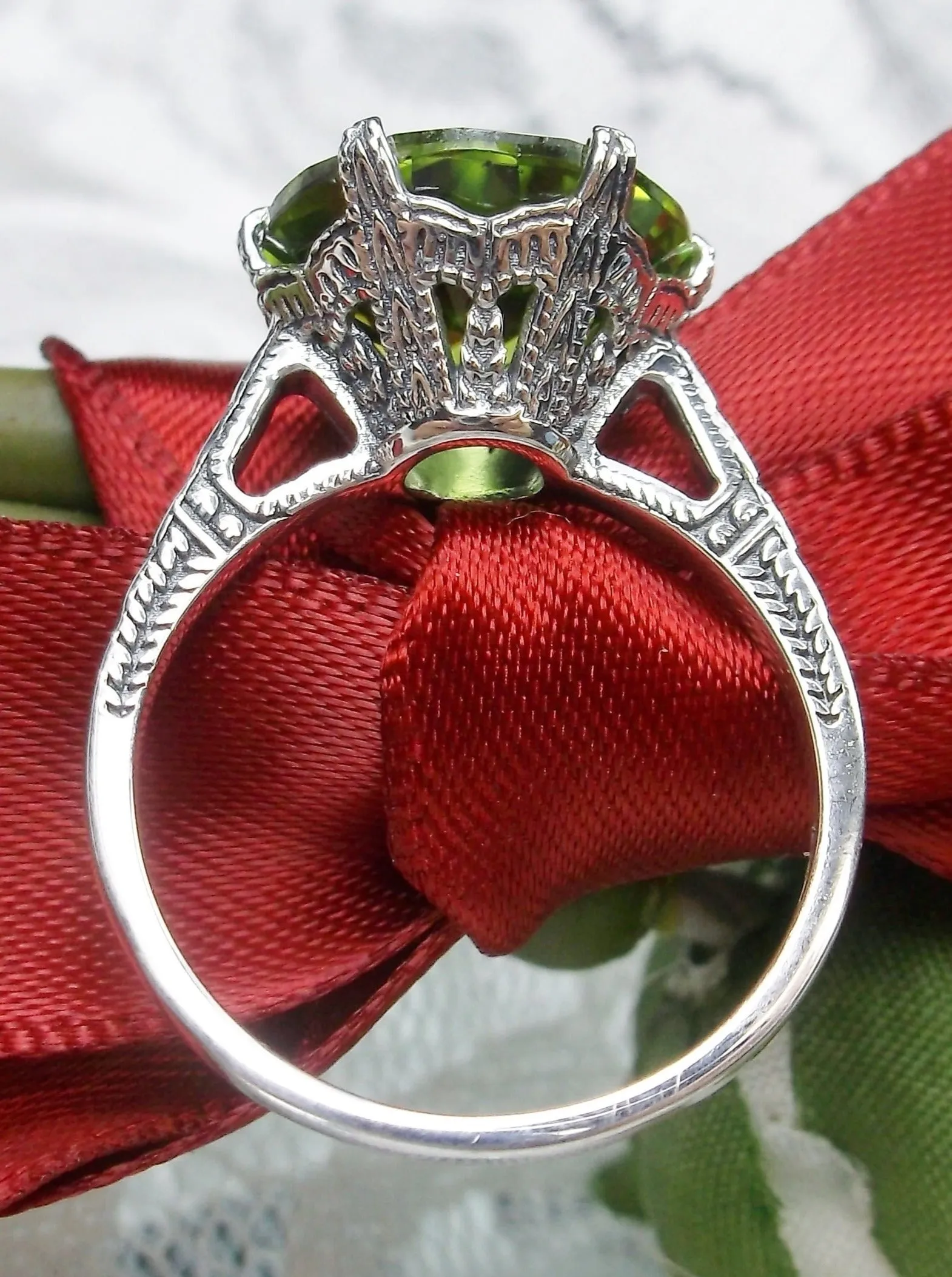 Solitaire Ring, Peridot Green Classic Victorian Jewelry #D37