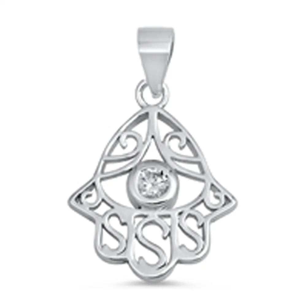Sterling Silver Hand of God Elegant Cutout Hamsa Pendant Clear Simulated CZ
