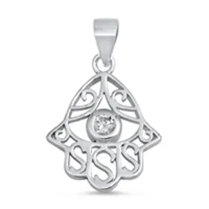 Sterling Silver Hand of God Elegant Cutout Hamsa Pendant Clear Simulated CZ