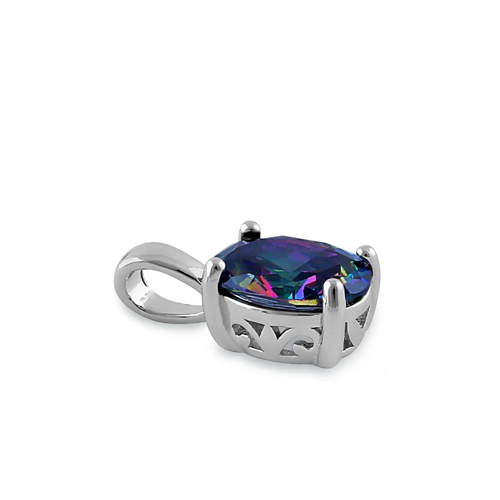 Sterling Silver Oval Rainbow CZ Filigree Pendant