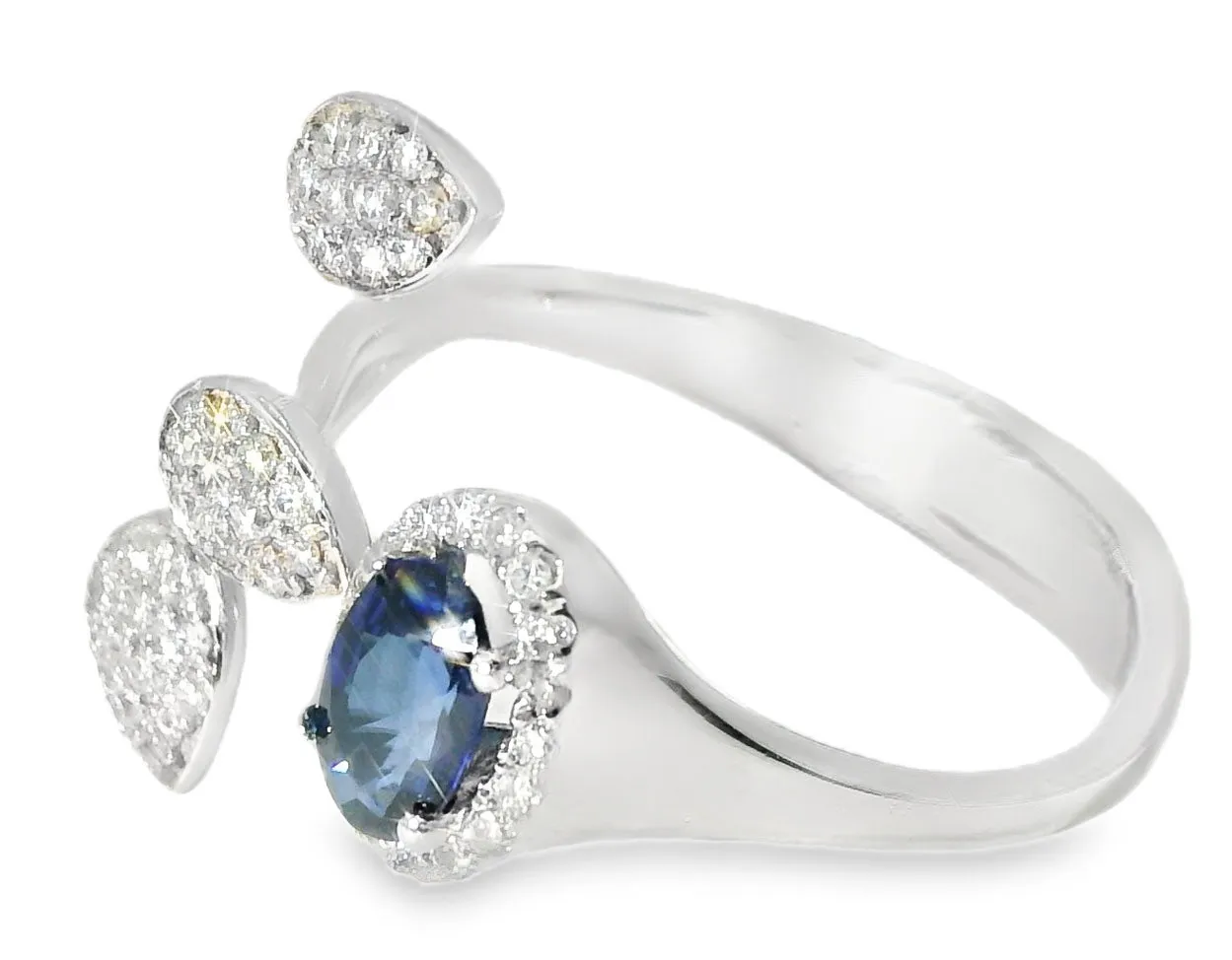 Stunninig 18K White Gold Designer Sapphire Diamond Wire Leaf Filigree Band Ring
