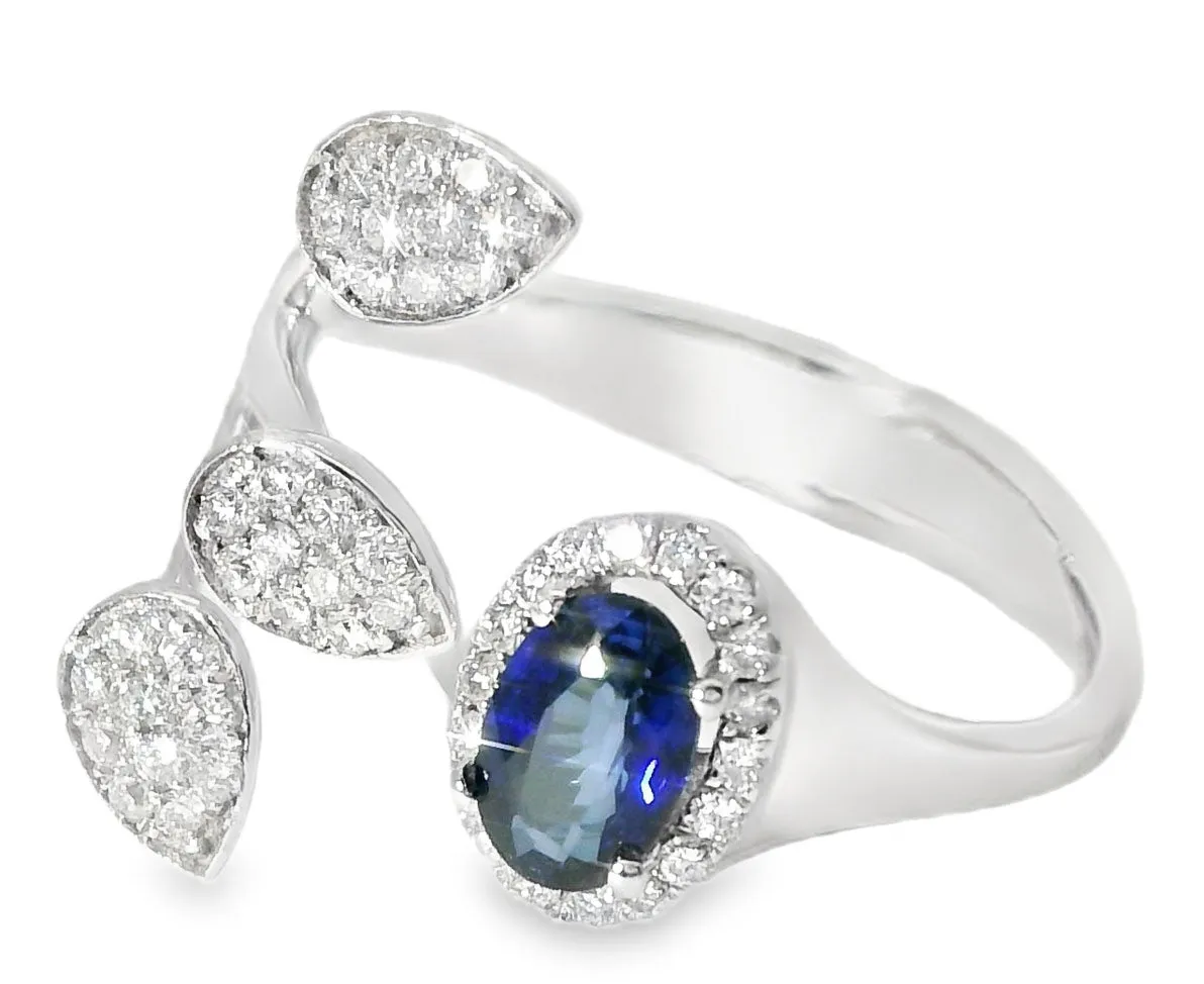 Stunninig 18K White Gold Designer Sapphire Diamond Wire Leaf Filigree Band Ring