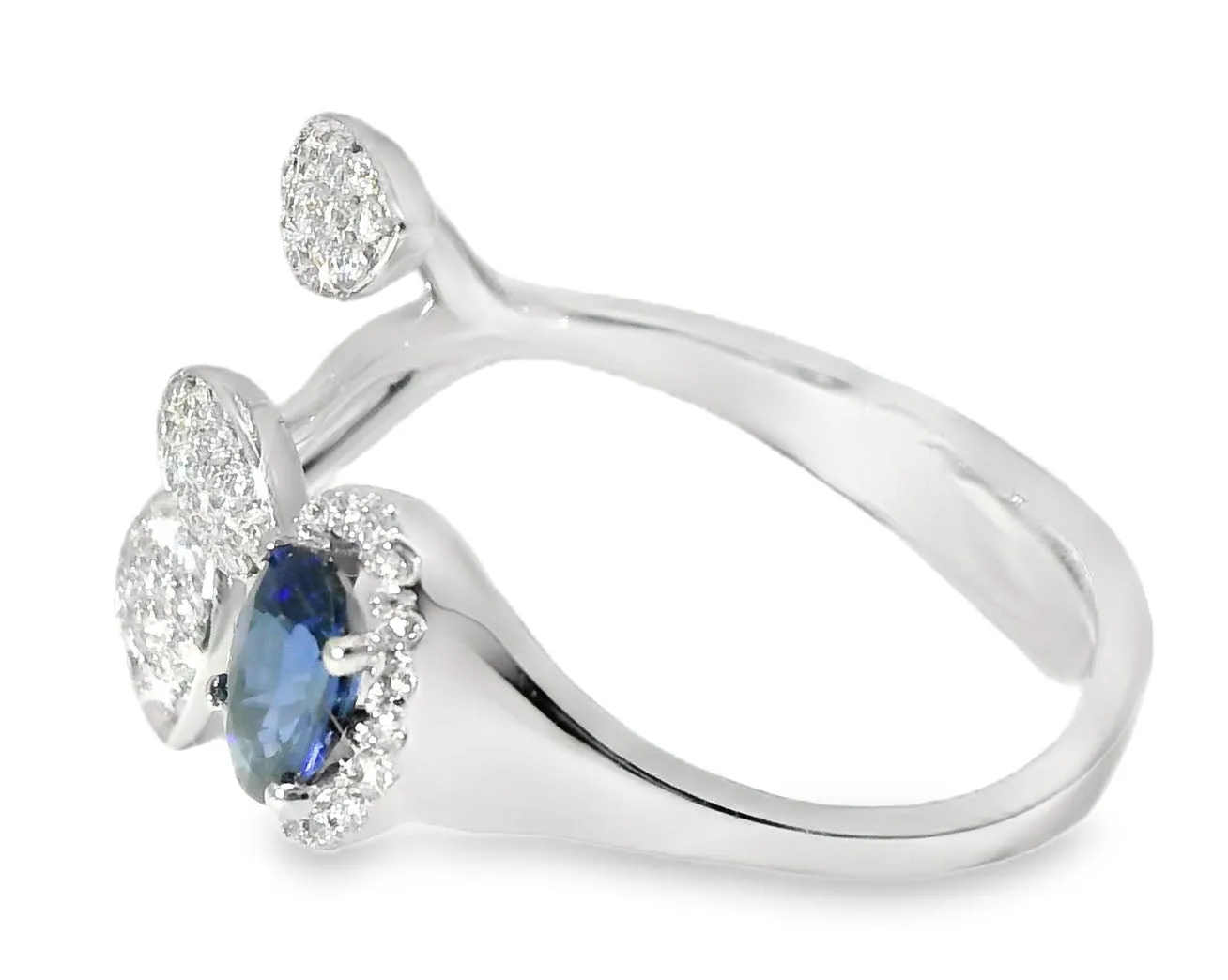 Stunninig 18K White Gold Designer Sapphire Diamond Wire Leaf Filigree Band Ring