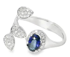 Stunninig 18K White Gold Designer Sapphire Diamond Wire Leaf Filigree Band Ring