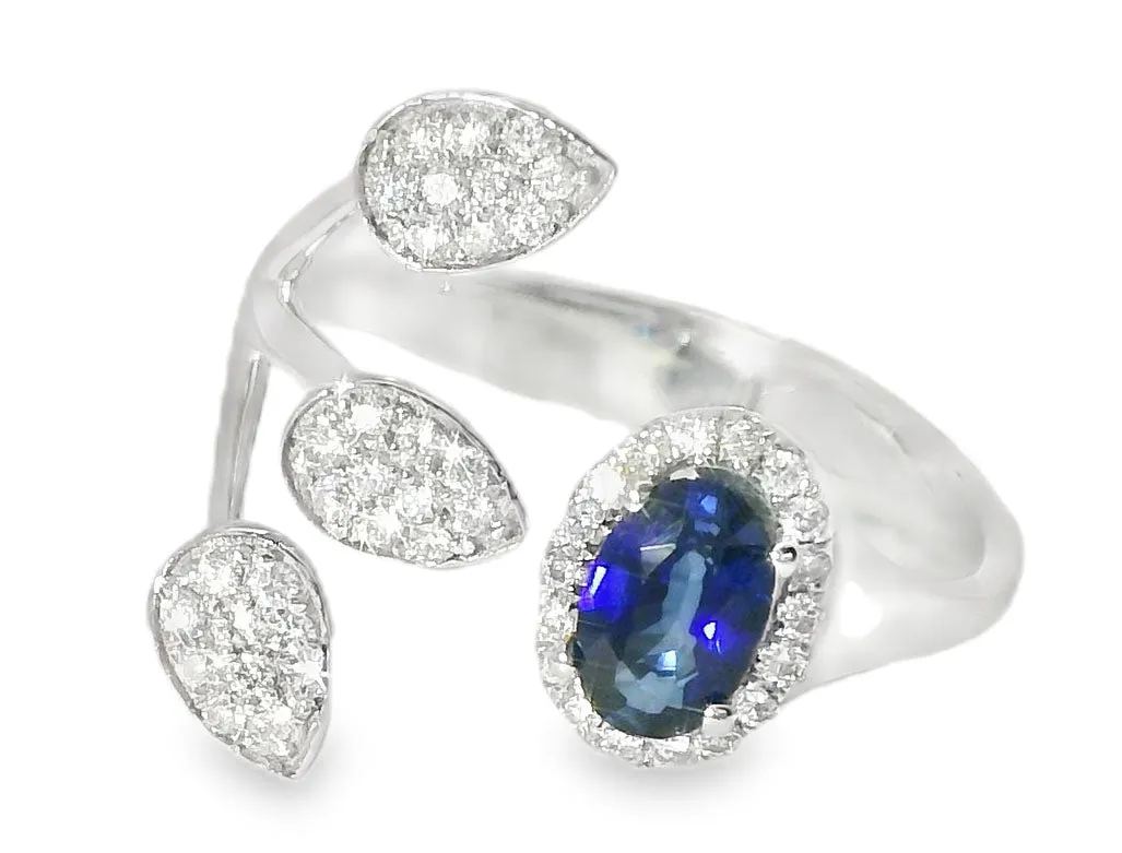 Stunninig 18K White Gold Designer Sapphire Diamond Wire Leaf Filigree Band Ring