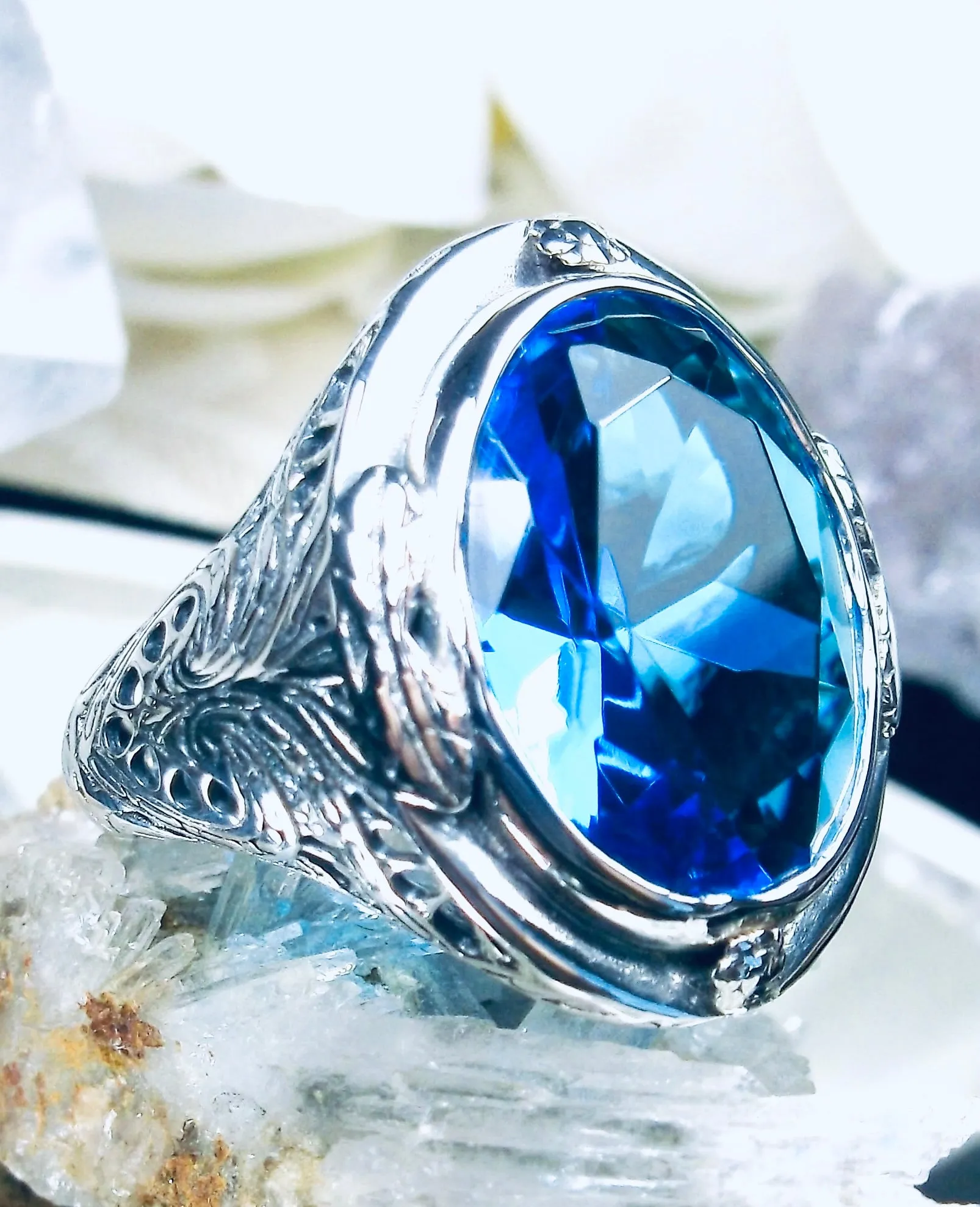 Swiss Blue Ring, Large Oval Ring, Victorian Jewelry Design#D2