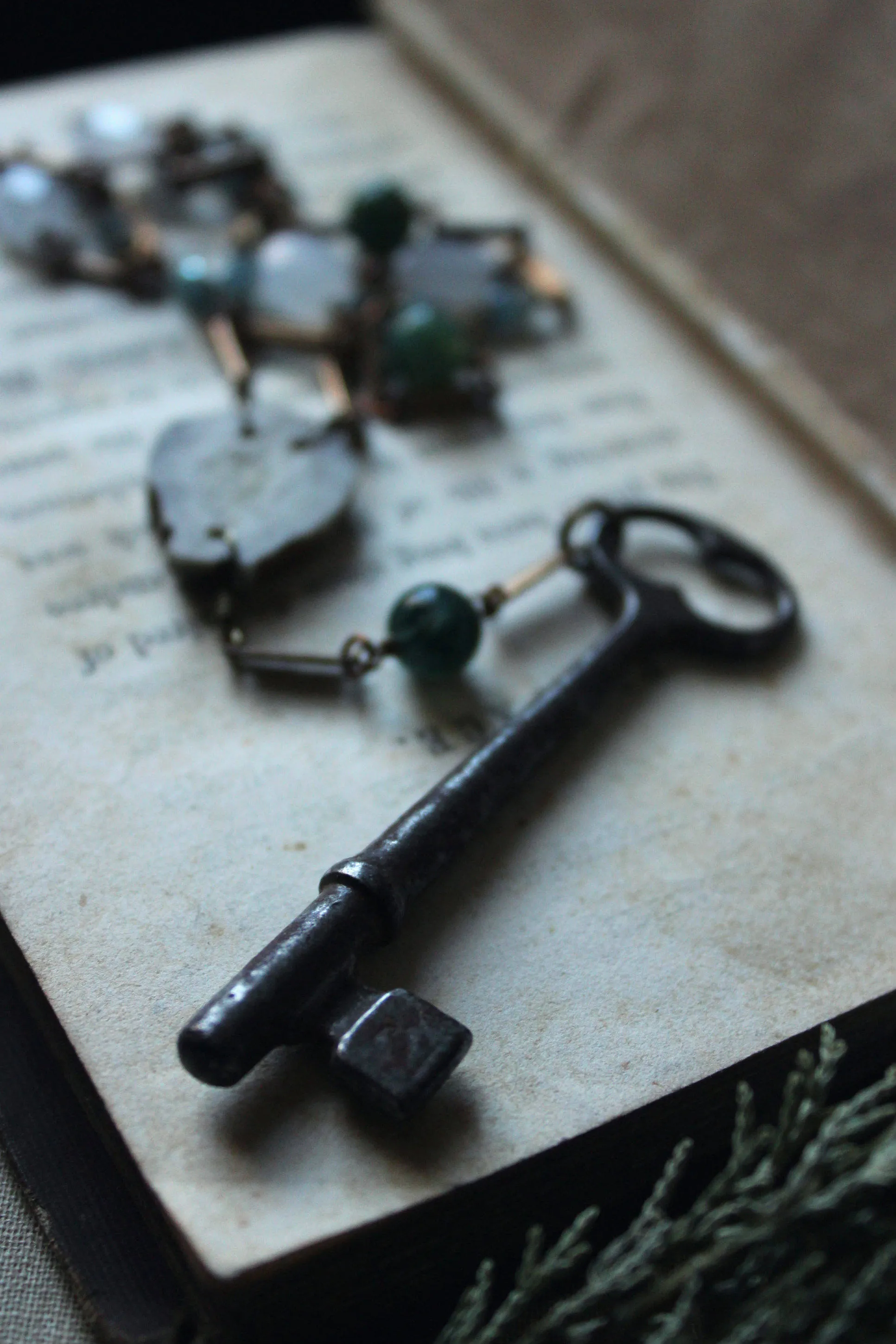 The Bindwood Stag Lodge. Storyteller Series. Skeleton Key, Antler and Gemstone Rosary Style Necklace.
