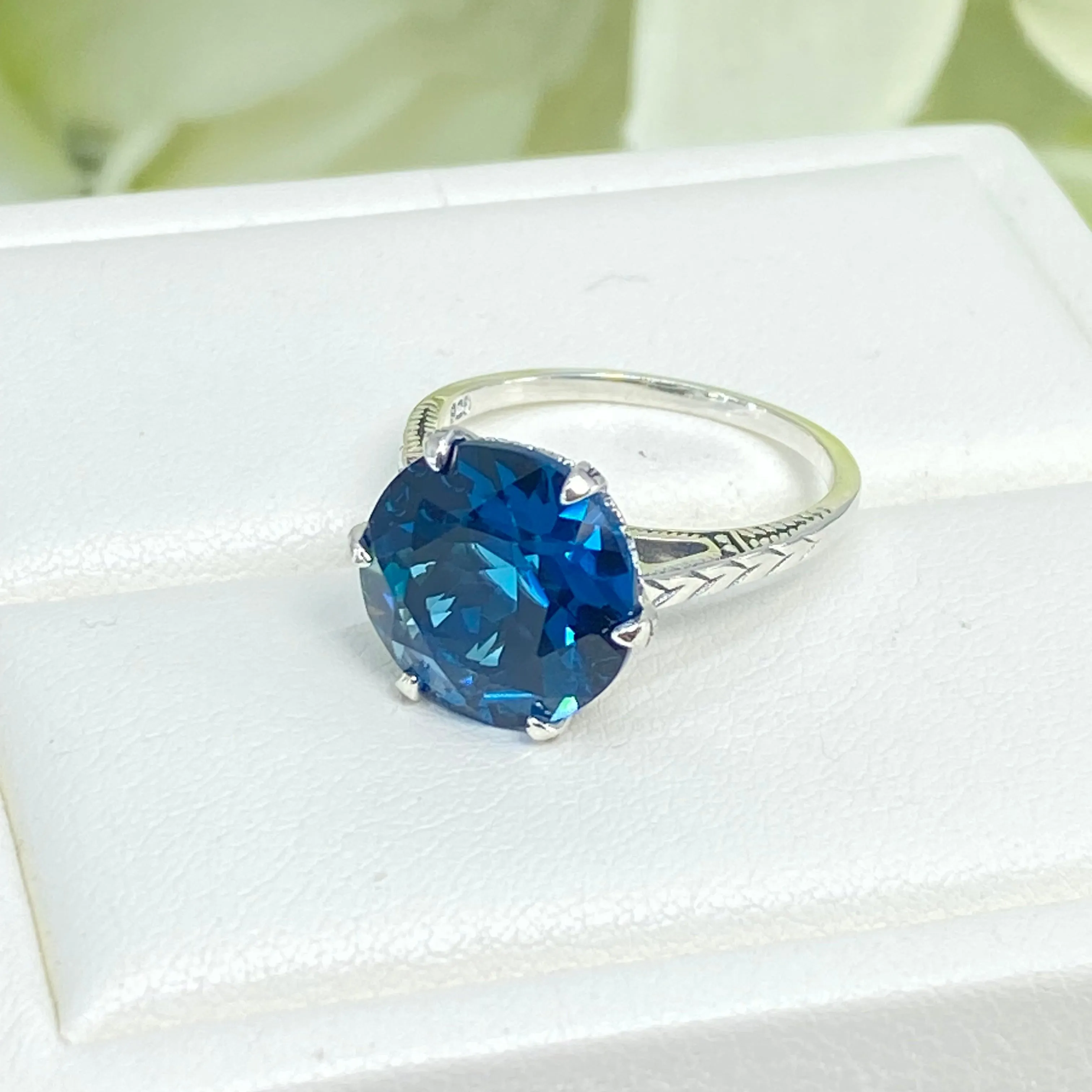 Topaz Ring, London Blue Gemstone Solitaire, Classic Victorian Jewelry #D37