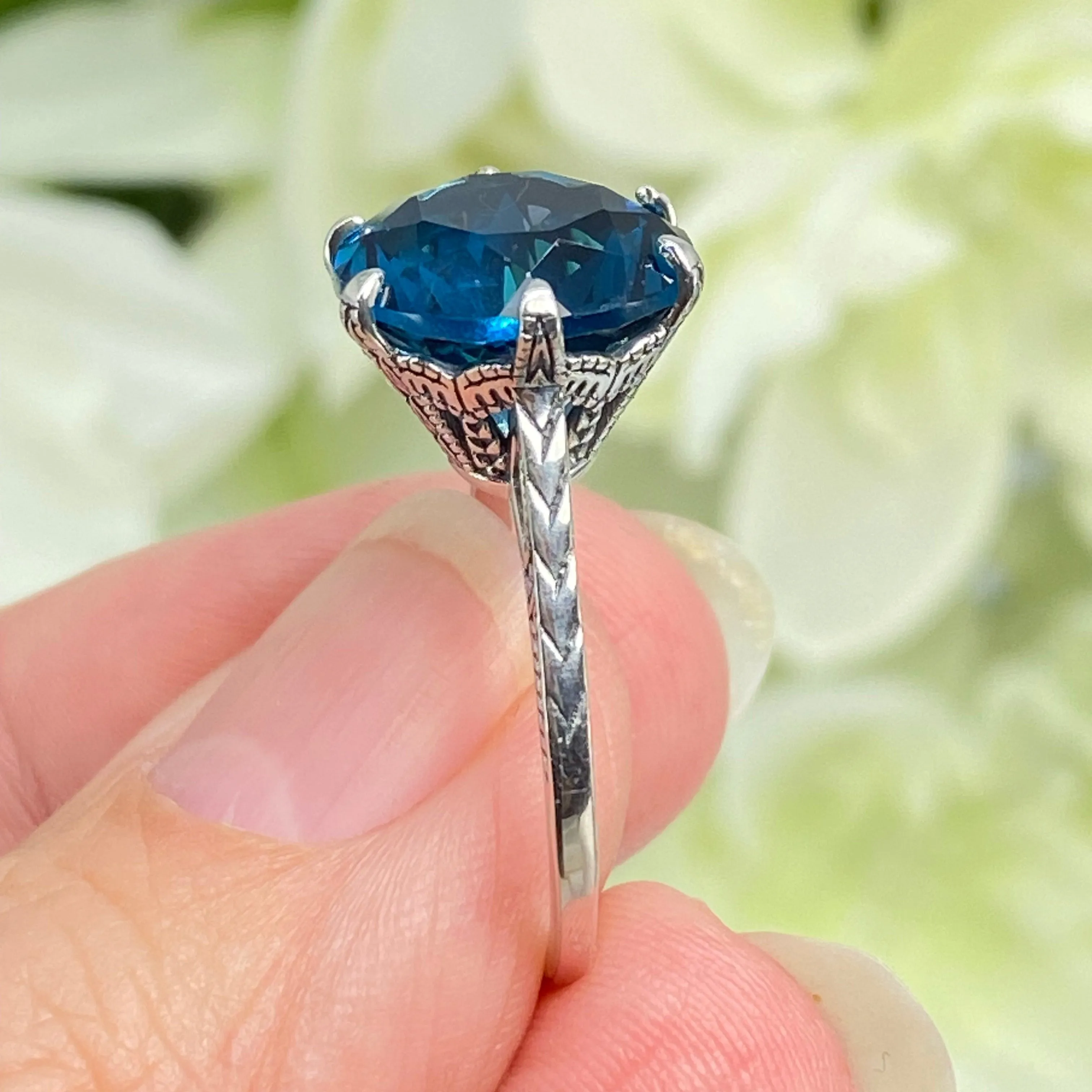 Topaz Ring, London Blue Gemstone Solitaire, Classic Victorian Jewelry #D37