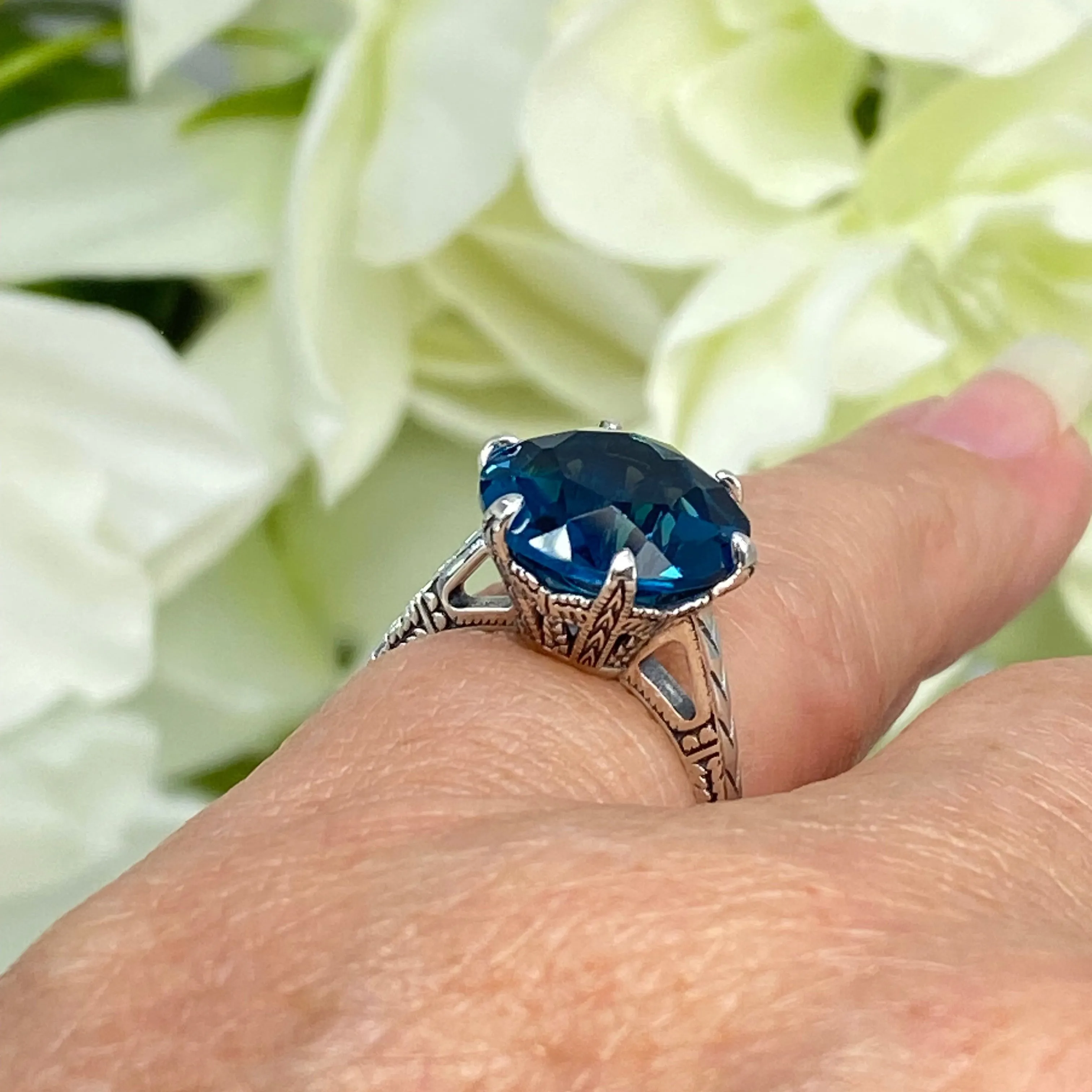 Topaz Ring, London Blue Gemstone Solitaire, Classic Victorian Jewelry #D37