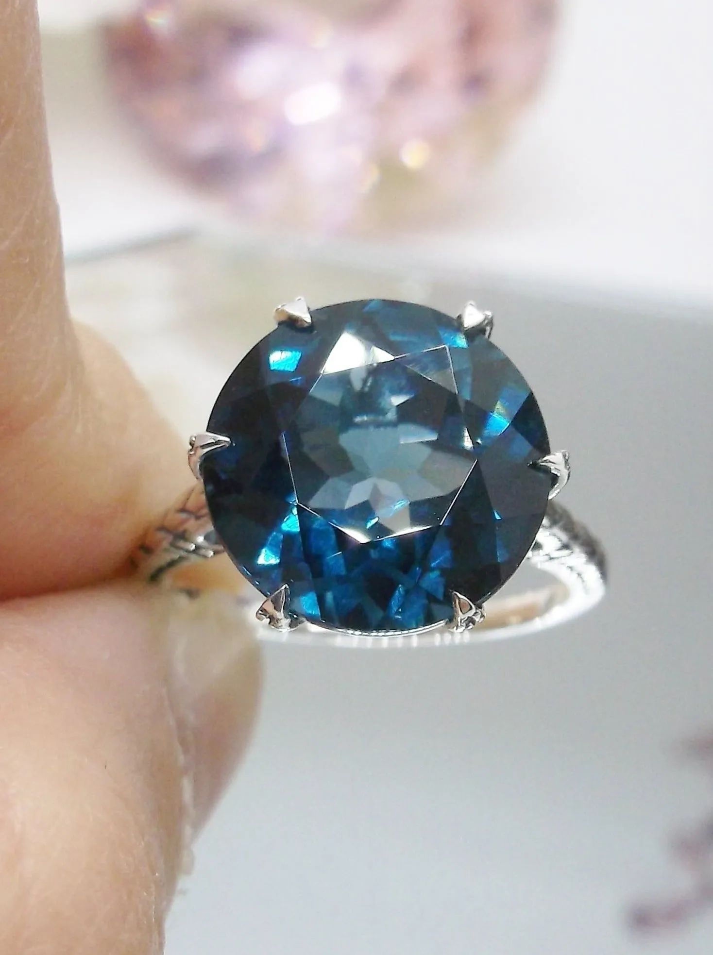Topaz Ring, London Blue Gemstone Solitaire, Classic Victorian Jewelry #D37