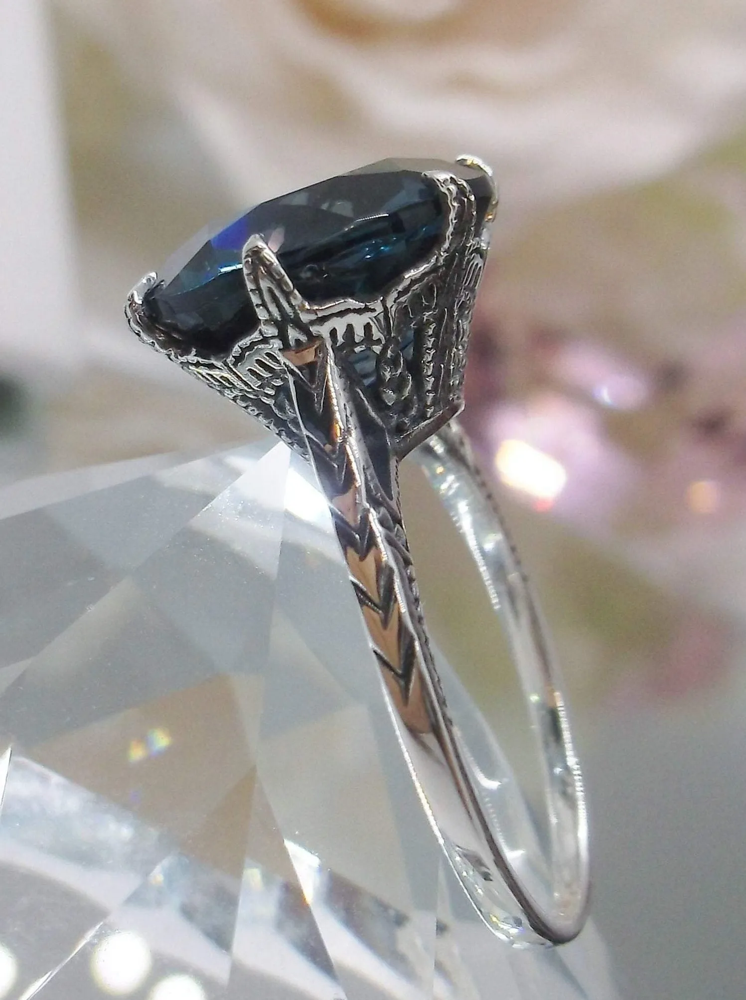 Topaz Ring, London Blue Gemstone Solitaire, Classic Victorian Jewelry #D37