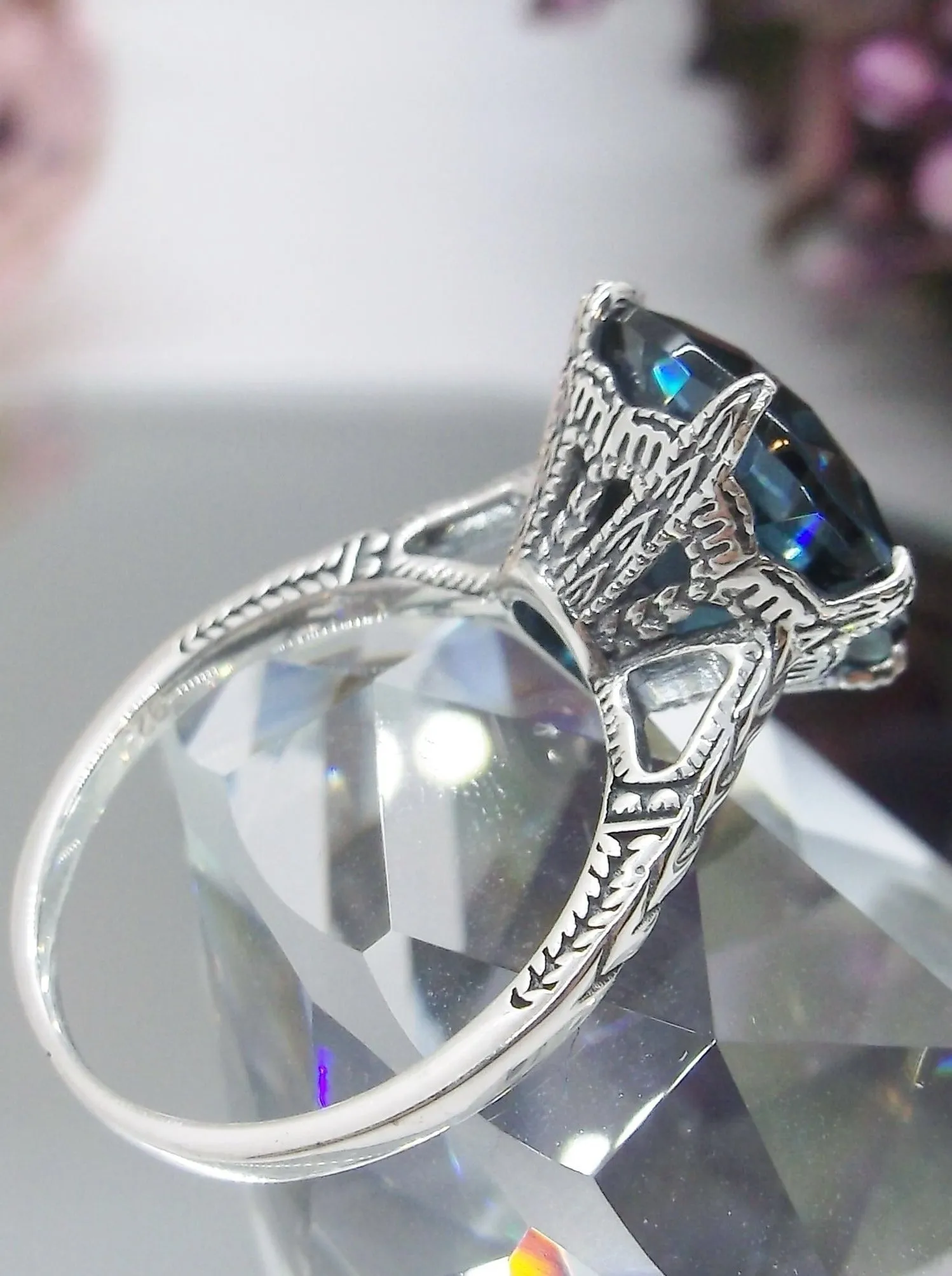 Topaz Ring, London Blue Gemstone Solitaire, Classic Victorian Jewelry #D37