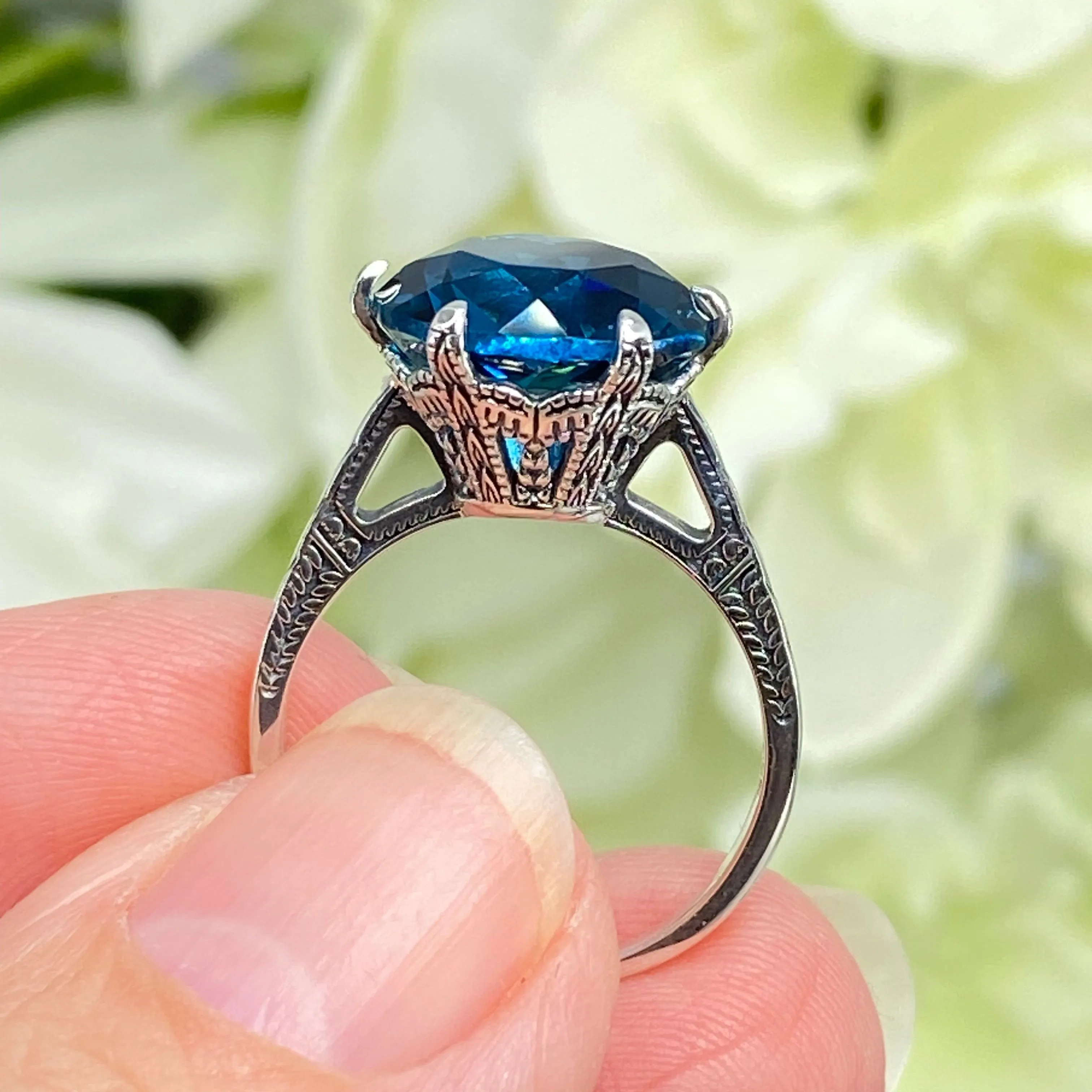 Topaz Ring, London Blue Gemstone Solitaire, Classic Victorian Jewelry #D37
