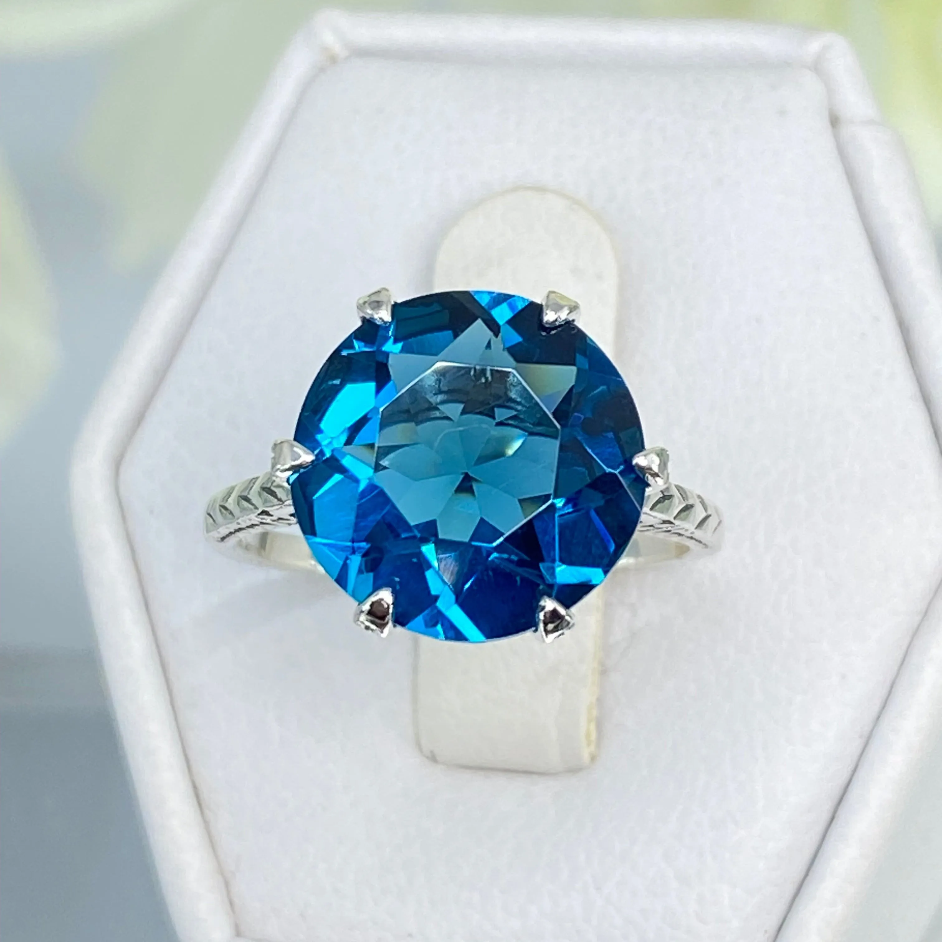 Topaz Ring, London Blue Gemstone Solitaire, Classic Victorian Jewelry #D37