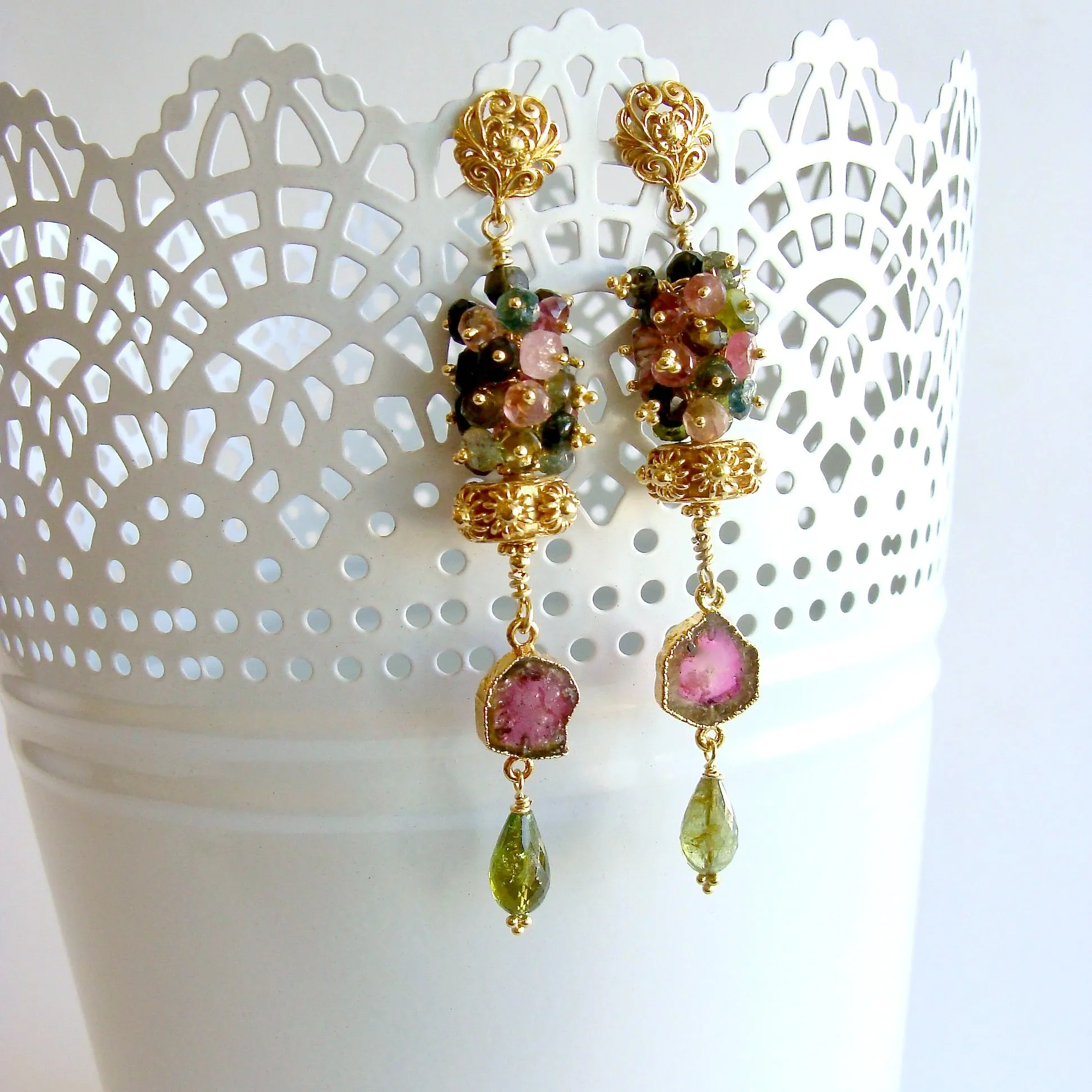 Tourmaline Slices Long Tourmaline Cluster Earrings - Tatiana IV Earrings