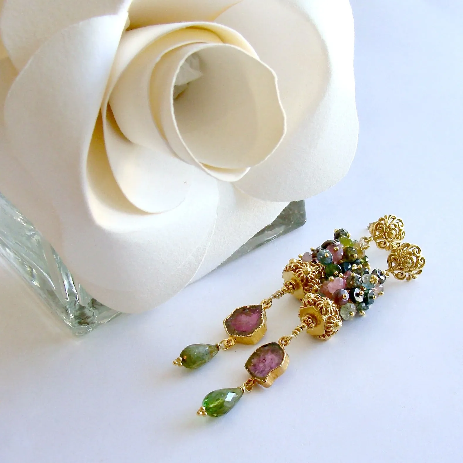 Tourmaline Slices Long Tourmaline Cluster Earrings - Tatiana IV Earrings