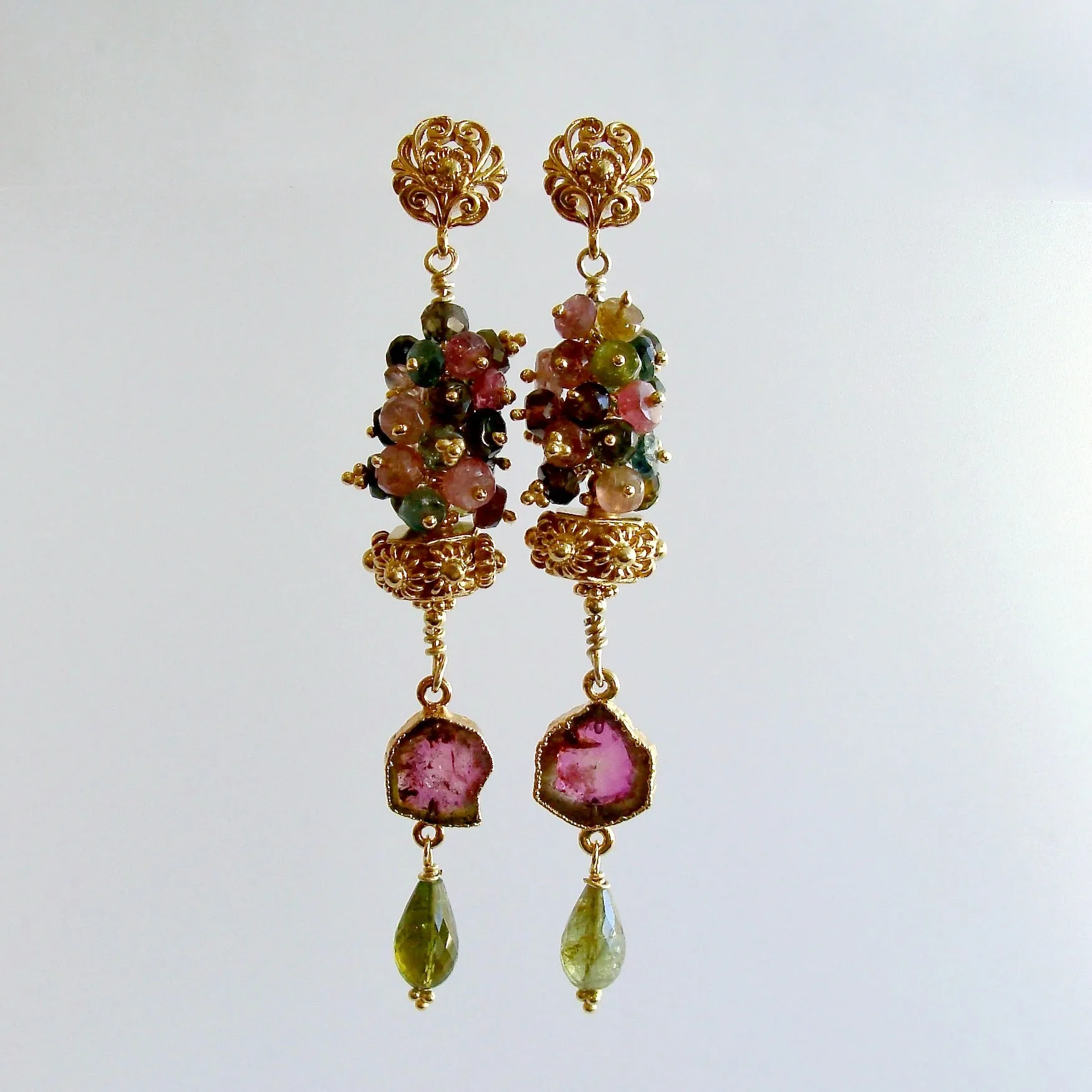 Tourmaline Slices Long Tourmaline Cluster Earrings - Tatiana IV Earrings