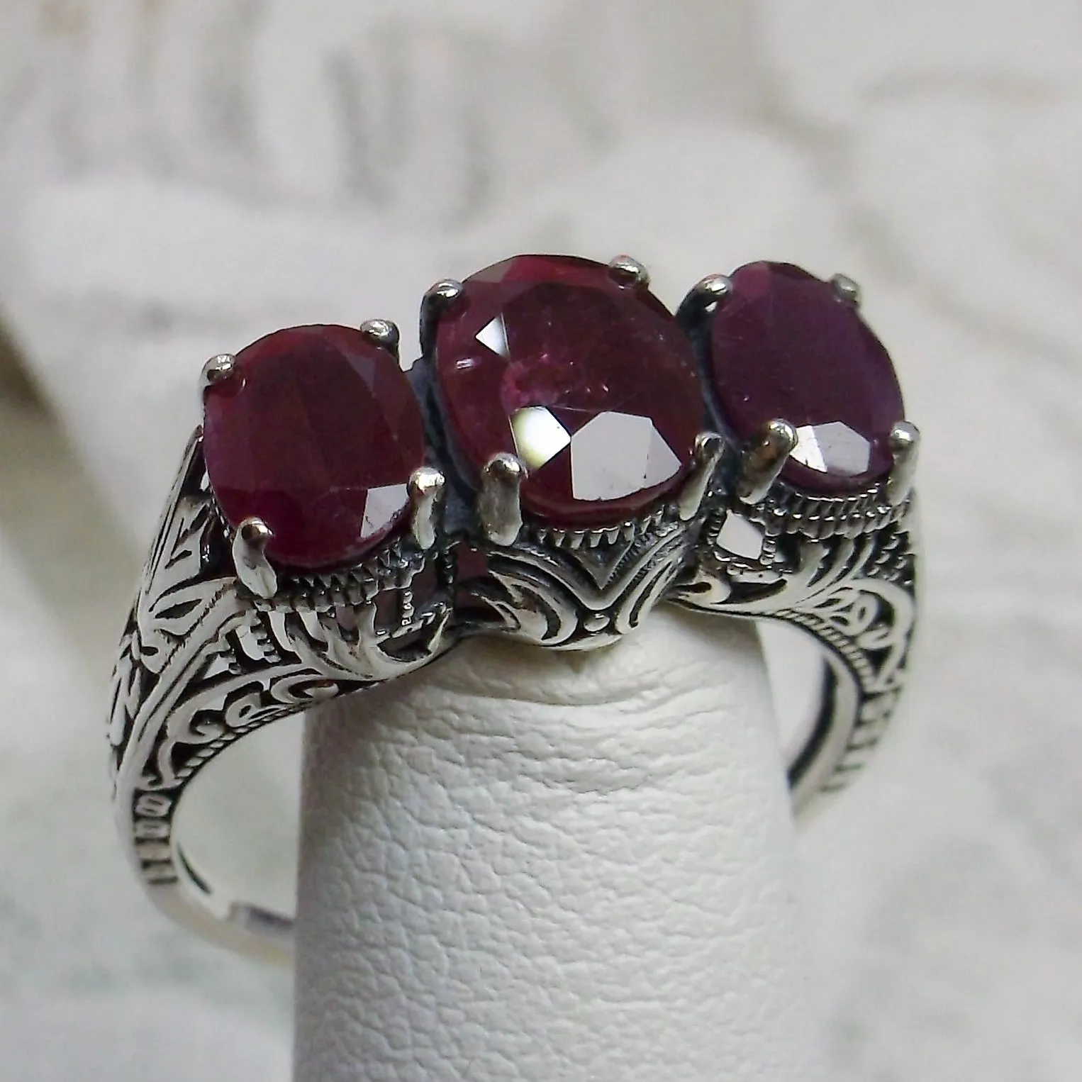 Trinity Ruby Ring, Natural or Simulated Triple Gem Art Deco Ring | Vintage Style Jewelry #D41