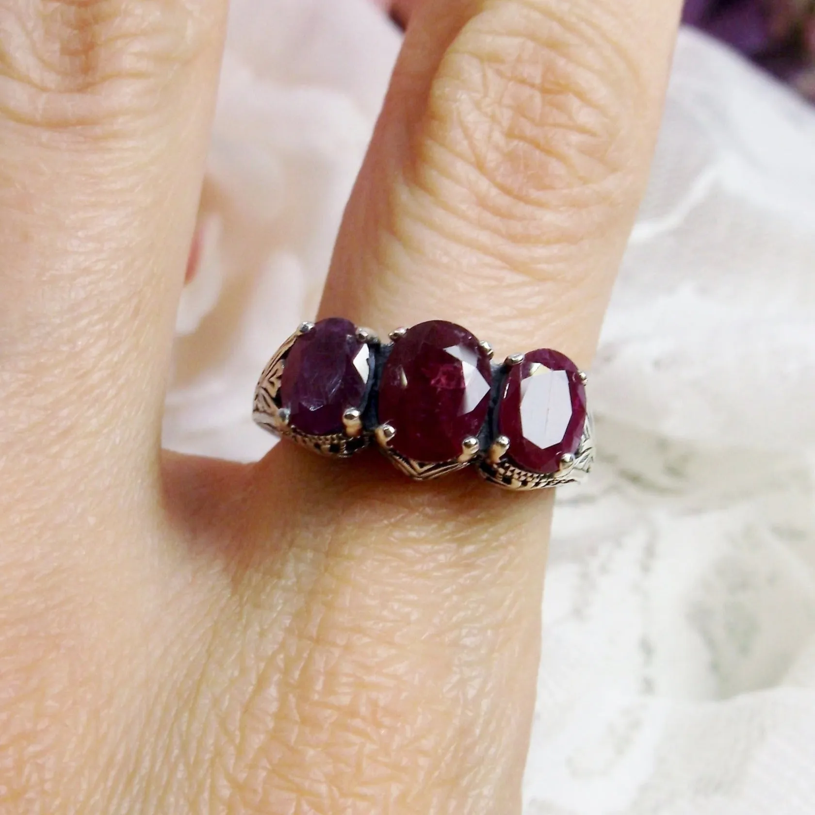 Trinity Ruby Ring, Natural or Simulated Triple Gem Art Deco Ring | Vintage Style Jewelry #D41