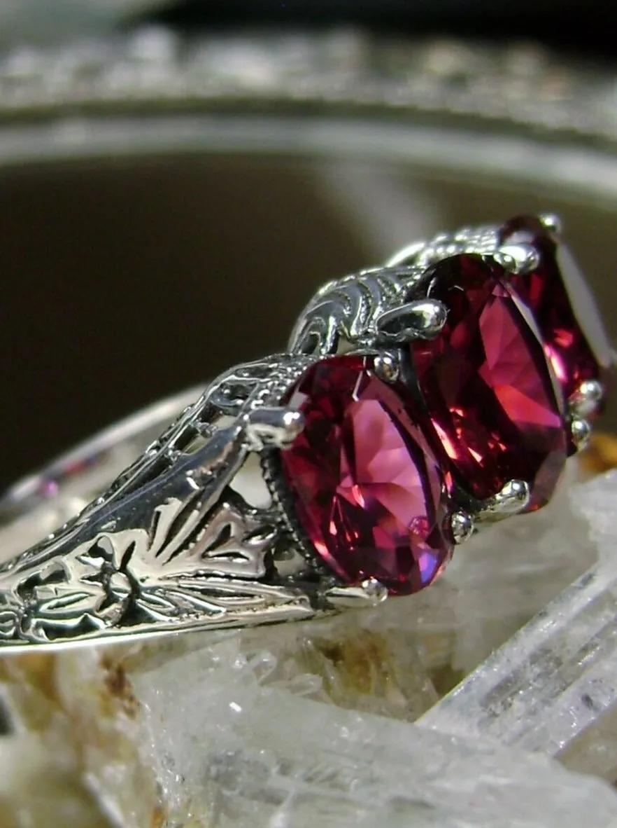 Trinity Ruby Ring, Natural or Simulated Triple Gem Art Deco Ring | Vintage Style Jewelry #D41
