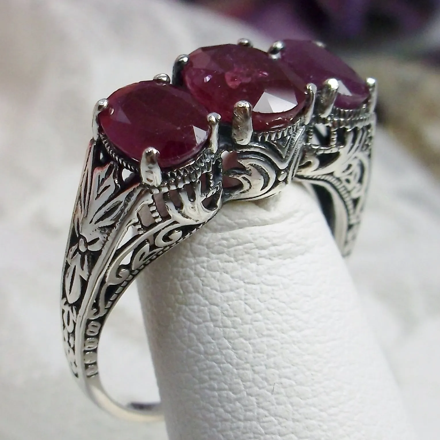 Trinity Ruby Ring, Natural or Simulated Triple Gem Art Deco Ring | Vintage Style Jewelry #D41