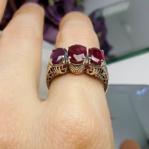 Trinity Ruby Ring, Natural or Simulated Triple Gem Art Deco Ring | Vintage Style Jewelry #D41