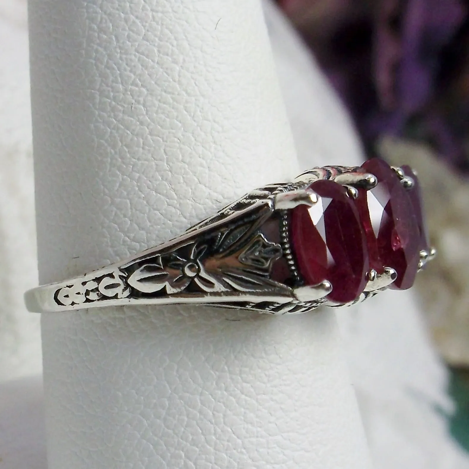 Trinity Ruby Ring, Natural or Simulated Triple Gem Art Deco Ring | Vintage Style Jewelry #D41