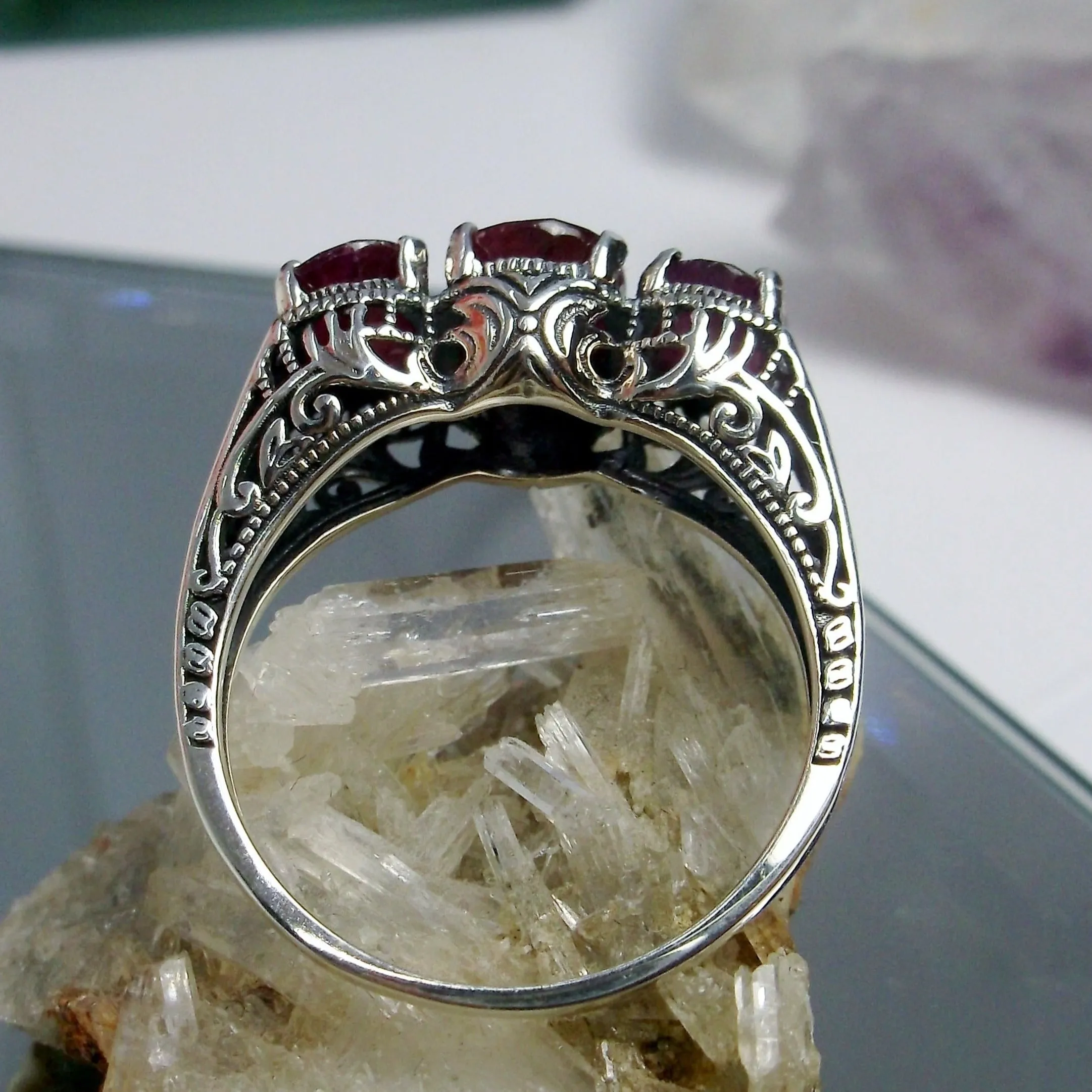 Trinity Ruby Ring, Natural or Simulated Triple Gem Art Deco Ring | Vintage Style Jewelry #D41