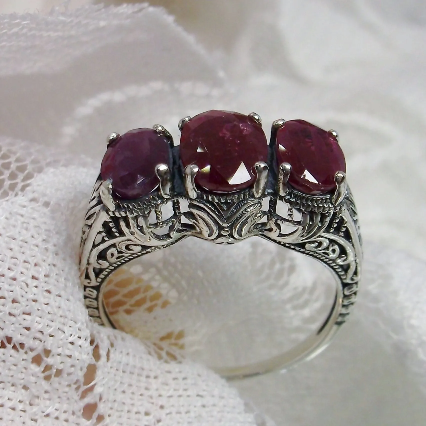 Trinity Ruby Ring, Natural or Simulated Triple Gem Art Deco Ring | Vintage Style Jewelry #D41