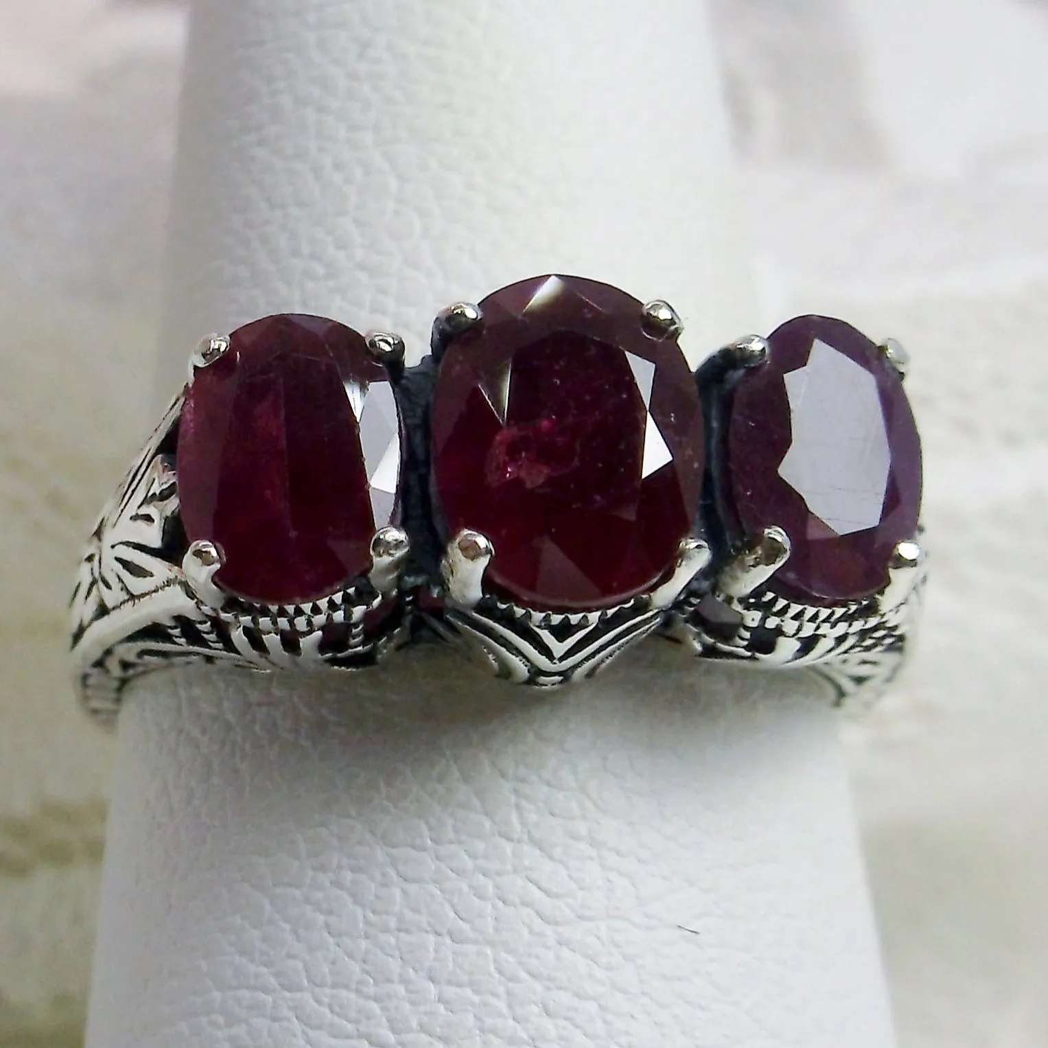 Trinity Ruby Ring, Natural or Simulated Triple Gem Art Deco Ring | Vintage Style Jewelry #D41