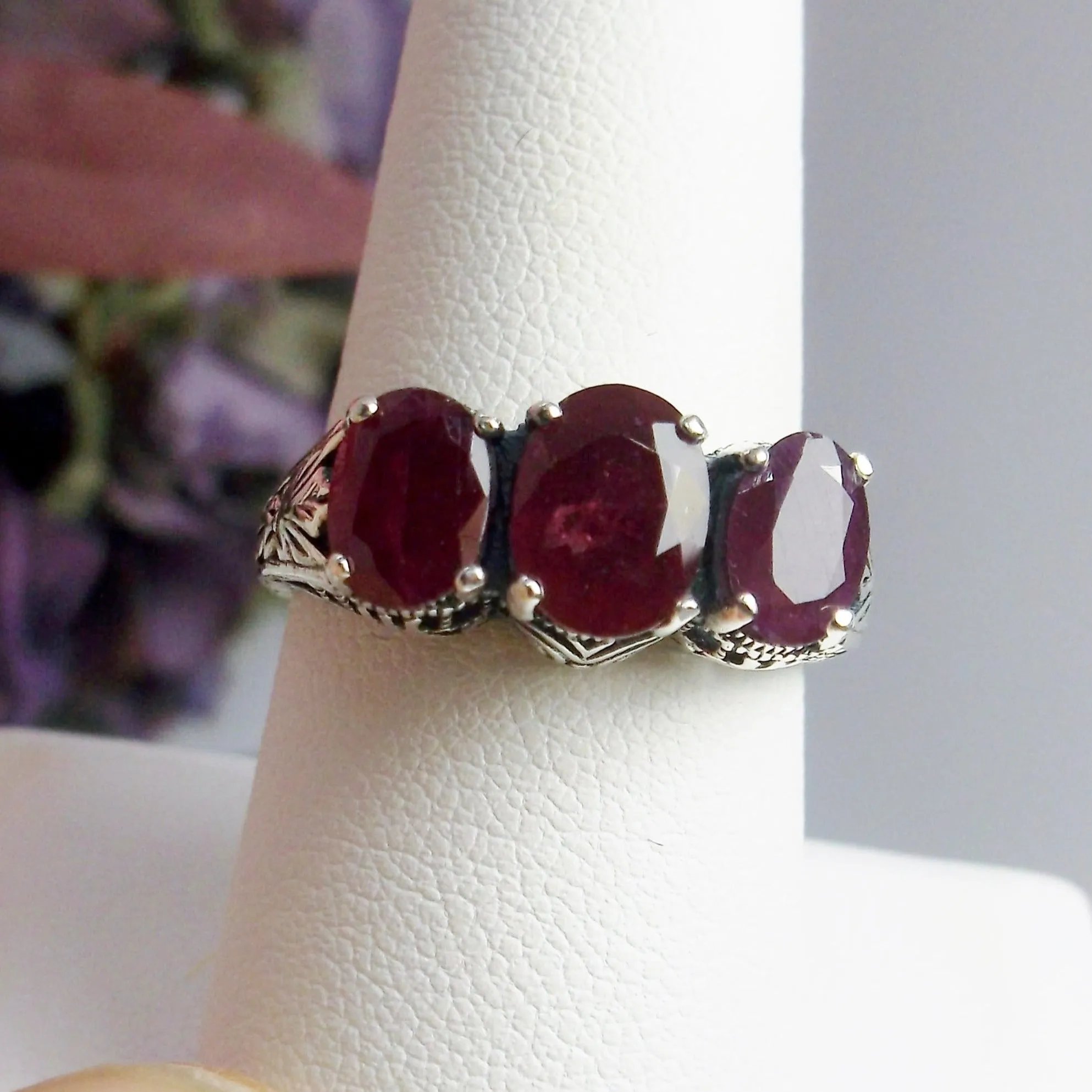 Trinity Ruby Ring, Natural or Simulated Triple Gem Art Deco Ring | Vintage Style Jewelry #D41