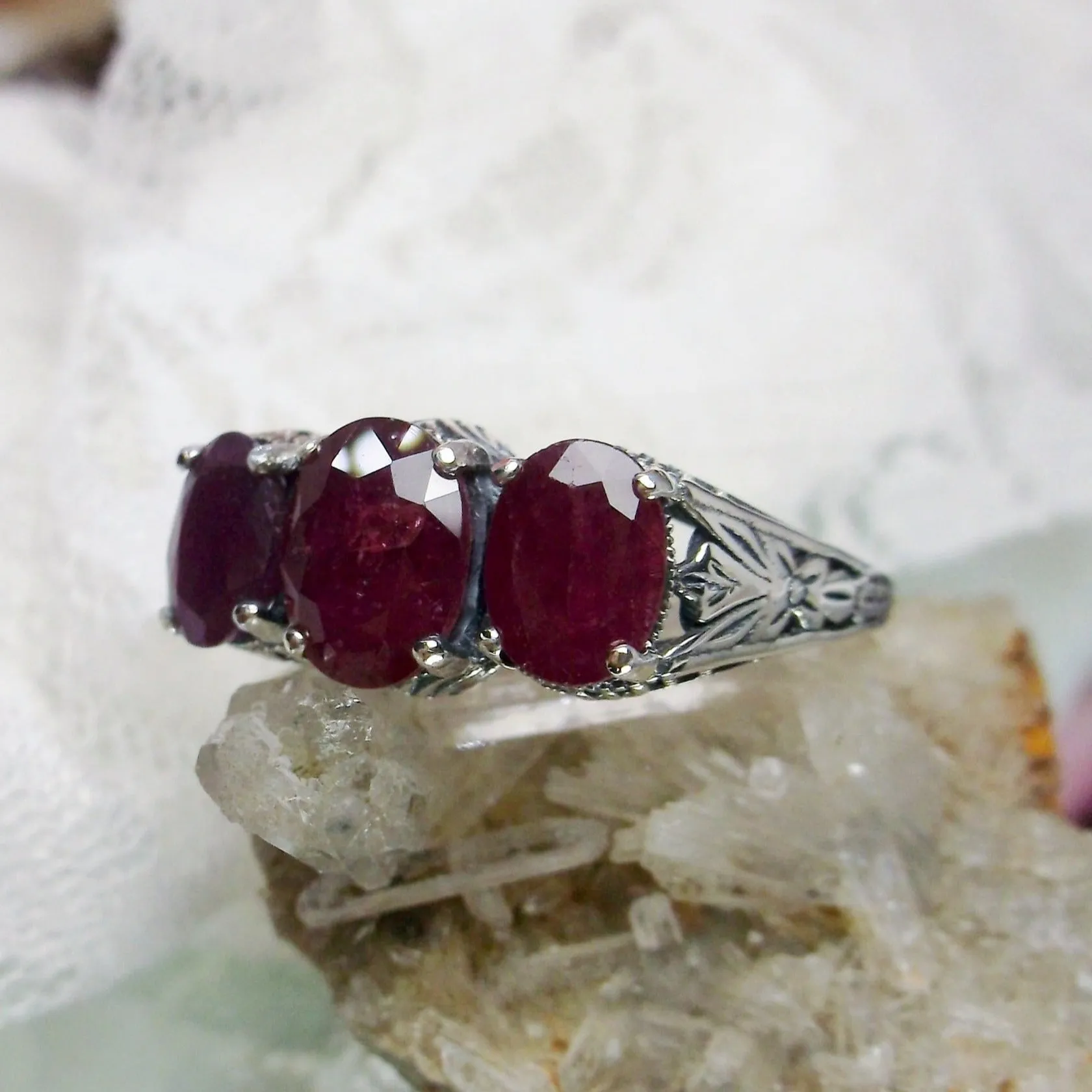 Trinity Ruby Ring, Natural or Simulated Triple Gem Art Deco Ring | Vintage Style Jewelry #D41