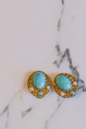 Turquoise, Pearl and Gold Filigree Earrings