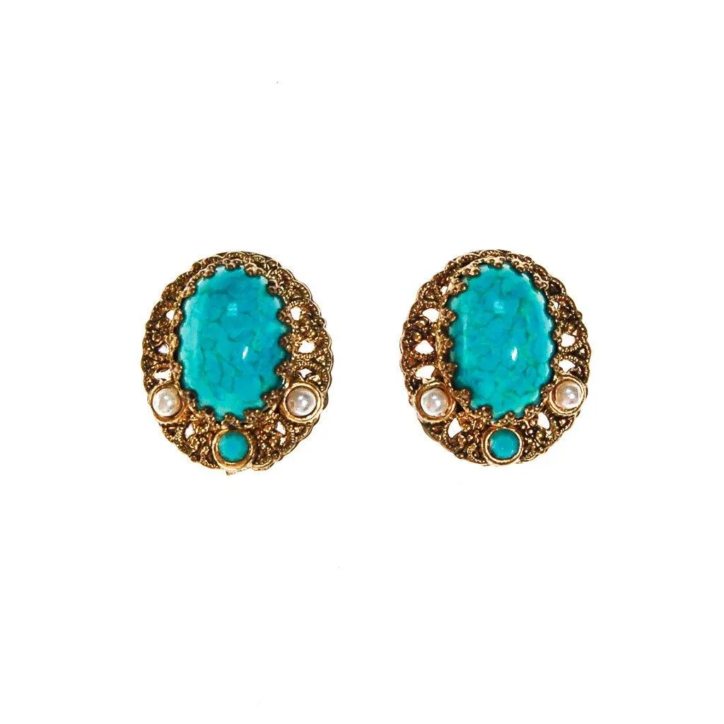 Turquoise, Pearl and Gold Filigree Earrings